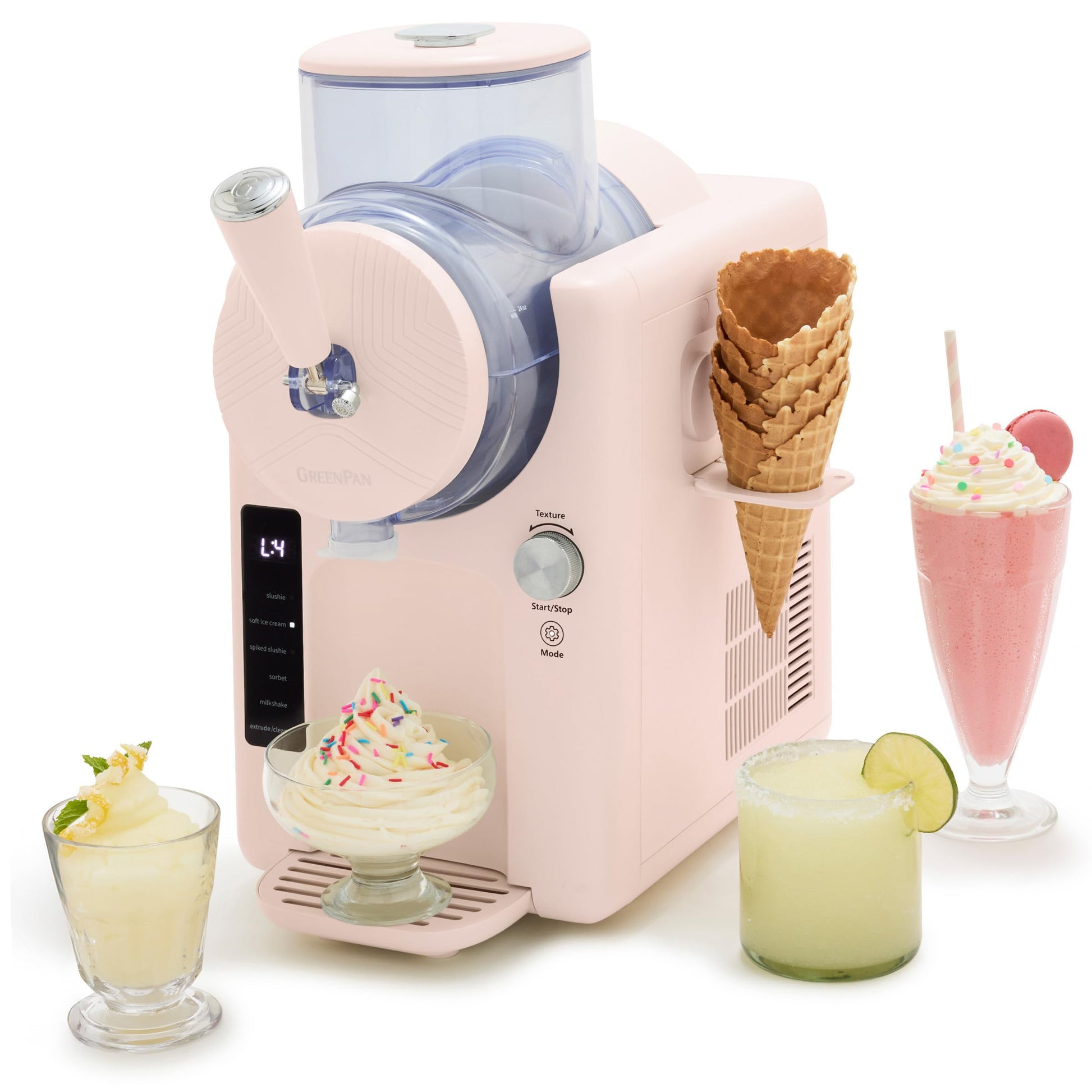 GreenPan Ice Cream Maker & Slushie Machine, 4 Pint, Strawberry Pink, Model CC010322-001, Self-Cleaning, 6 Modes, 7 Textures