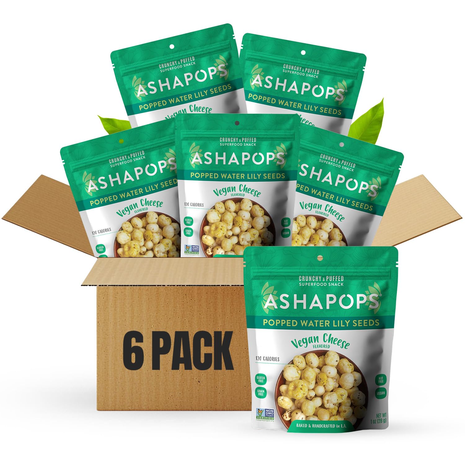 AshaPops Vegan Cheese Flavored Popped Water Lily Seeds, 1 oz (Pack of 6) - Gluten-Free, Vegan, Paleo, Nut-Free, Corn-Free, Soy-F