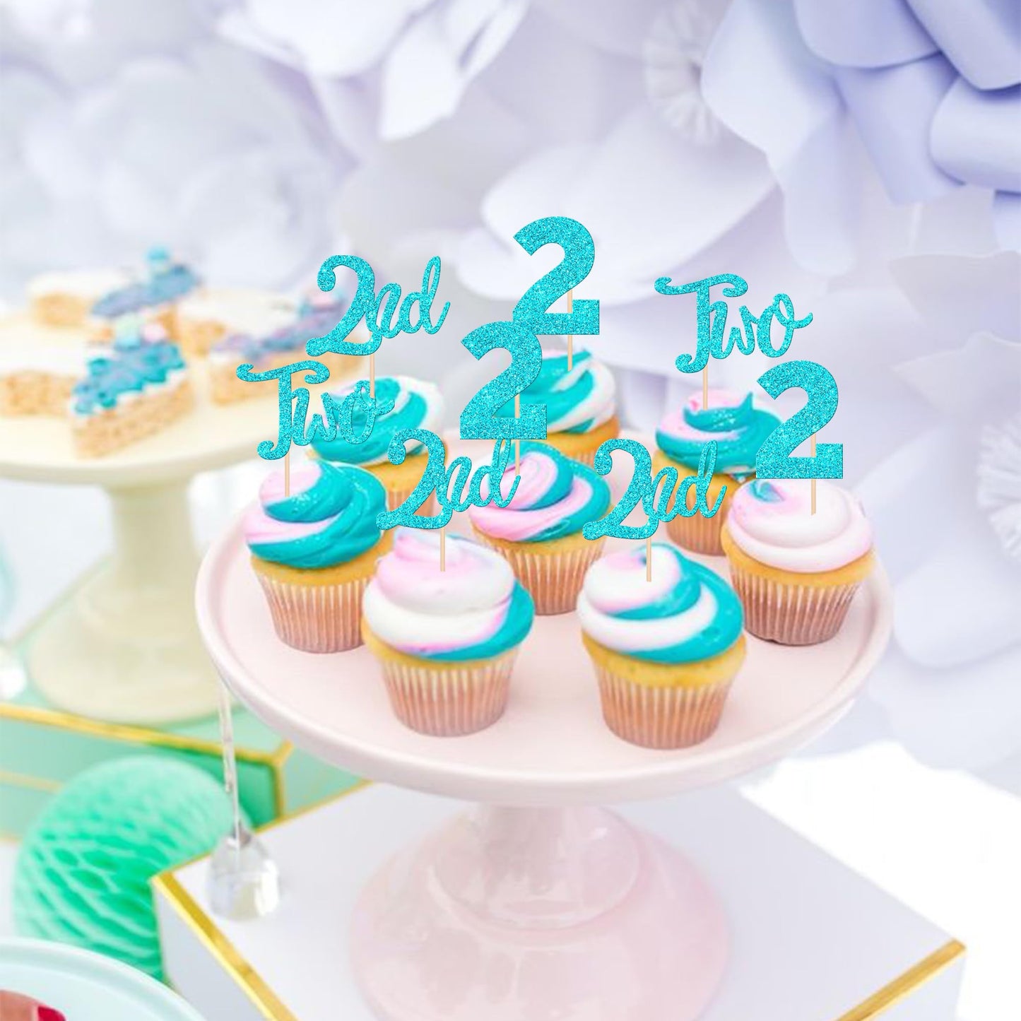 24 Pcs Two Cupcake Toppers Glitter 2Nd Birthday Cupcake Picks Number 2 Cupcake Decorations For Baby Shower Kids Second Birthday