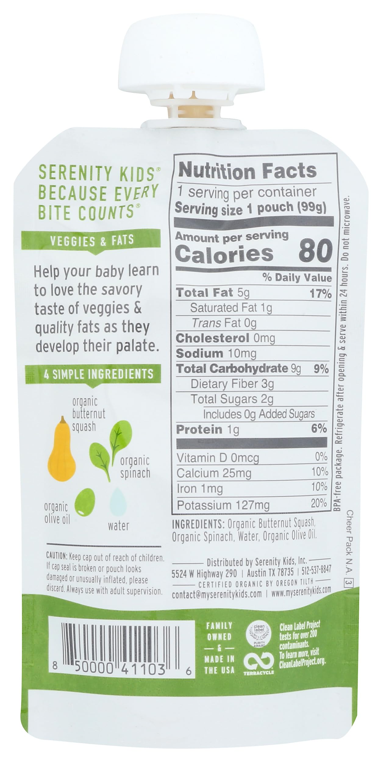 Serenity Kids 6+ Months Usda Organic Veggie Puree Baby Food Pouches | No Sugary Fruits Or Added Sugar | Allergen Free | 3.5 Ounce Bpa-Free Pouch | Butternut Squash & Spinach | 1 Count