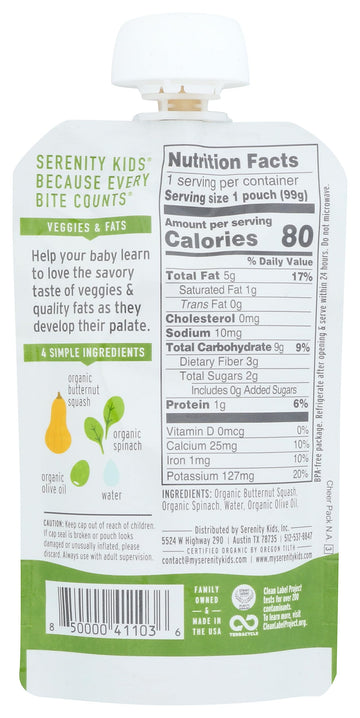 Serenity Kids 6+ Months Usda Organic Veggie Puree Baby Food Pouches | No Sugary Fruits Or Added Sugar | Allergen Free | 3.5 Ounce Bpa-Free Pouch | Butternut Squash & Spinach | 1 Count