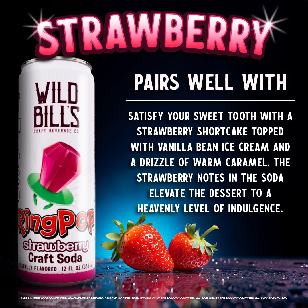 Wild Bills Strawberry Ring Pop Craft Soda – Pure Cane Sugar, Caffeine Free, Vegan – 12 Oz Cans, 12 Pack