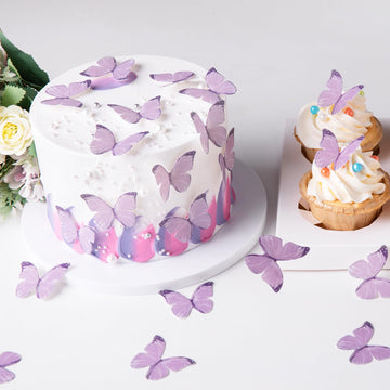 50Pcs Edible Purple Butterfly Cupcake Toppers Edible Wafer Paper butterfly Decorations for Women Girls' Happy Birthday Cake Topp