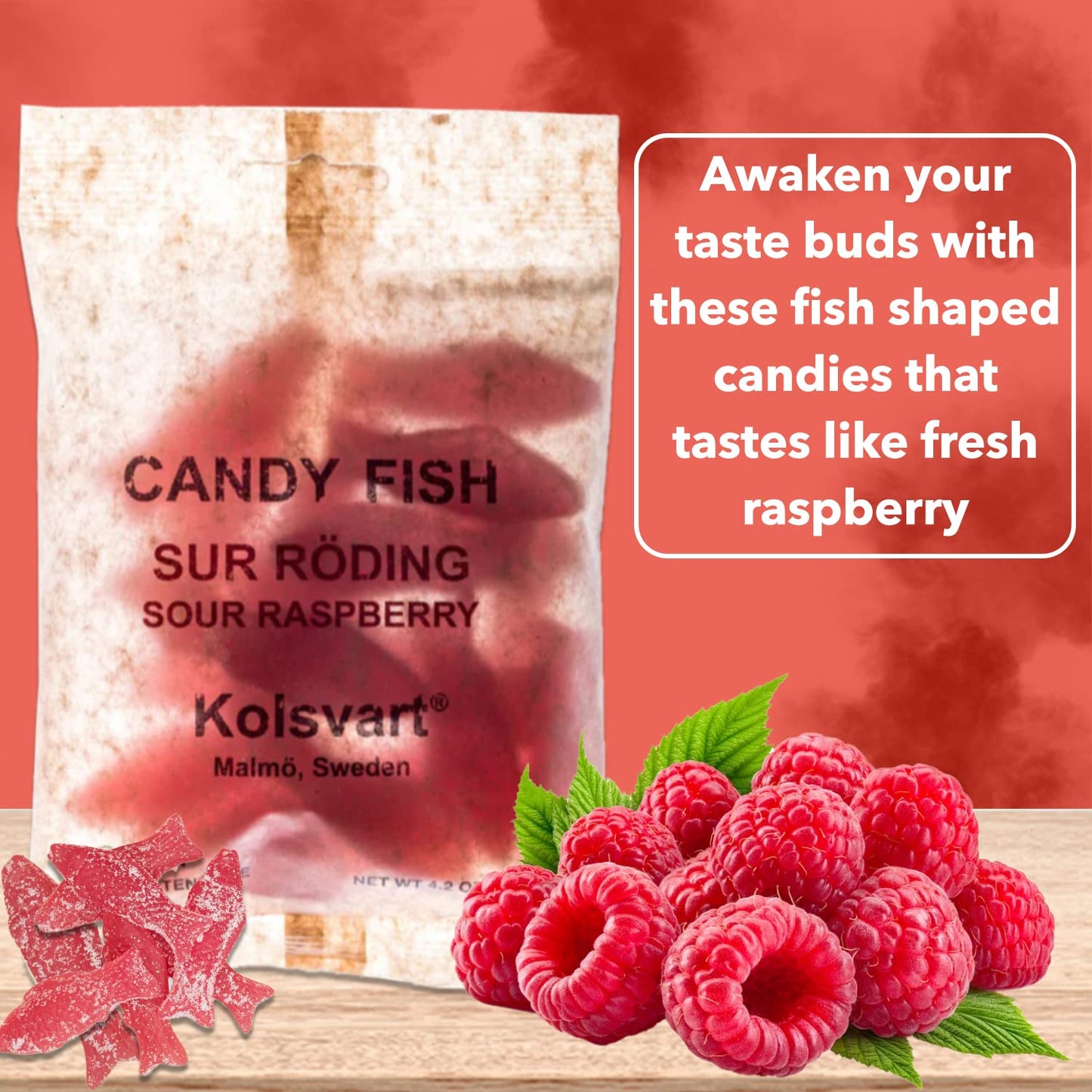 Kolsvart Sour Raspberry Candy Fish, 4.2 Oz