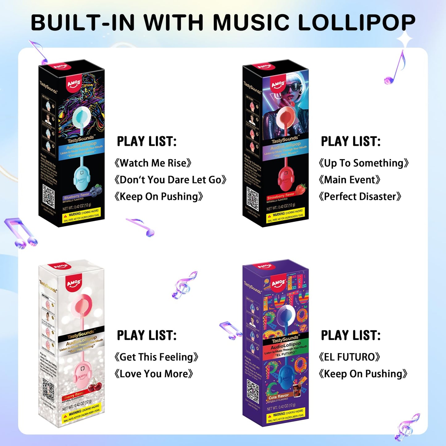 Amos Tastysounds Audio Singing Lollipop Candy - Fun Party Favor & Viral Treat For Easter, 4 Flavors (Strawberry, Blueberry, Cola