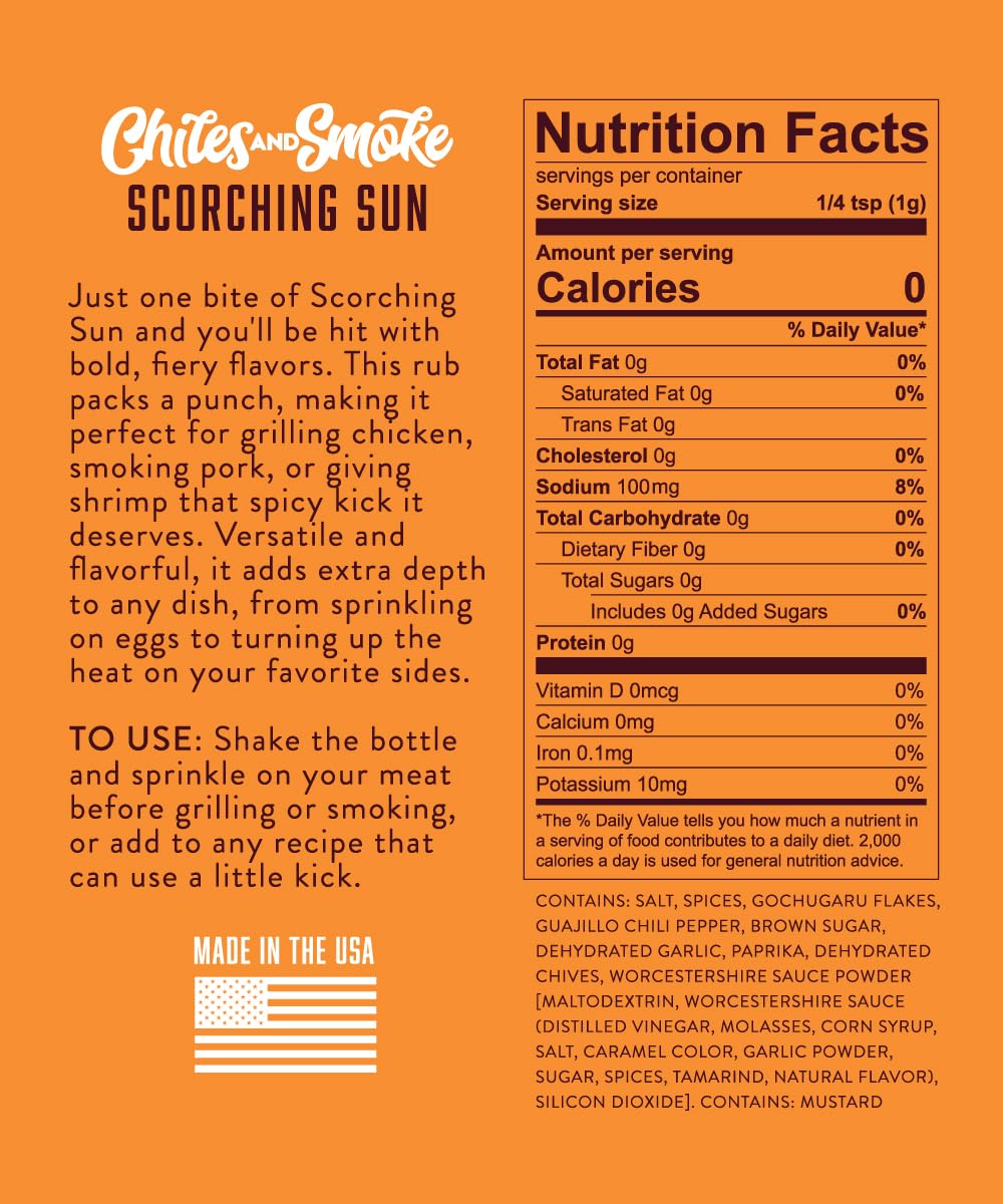 Chiles And Smoke - Scorching Sun All Purpose Seasoning For Chicken Thighs, Meats, Seafood & More, Hot Taco Seasoning With Spices, Low-Sodium Cooking Grilling Gifts, No Dairy, Gluten & Msg, 270 G