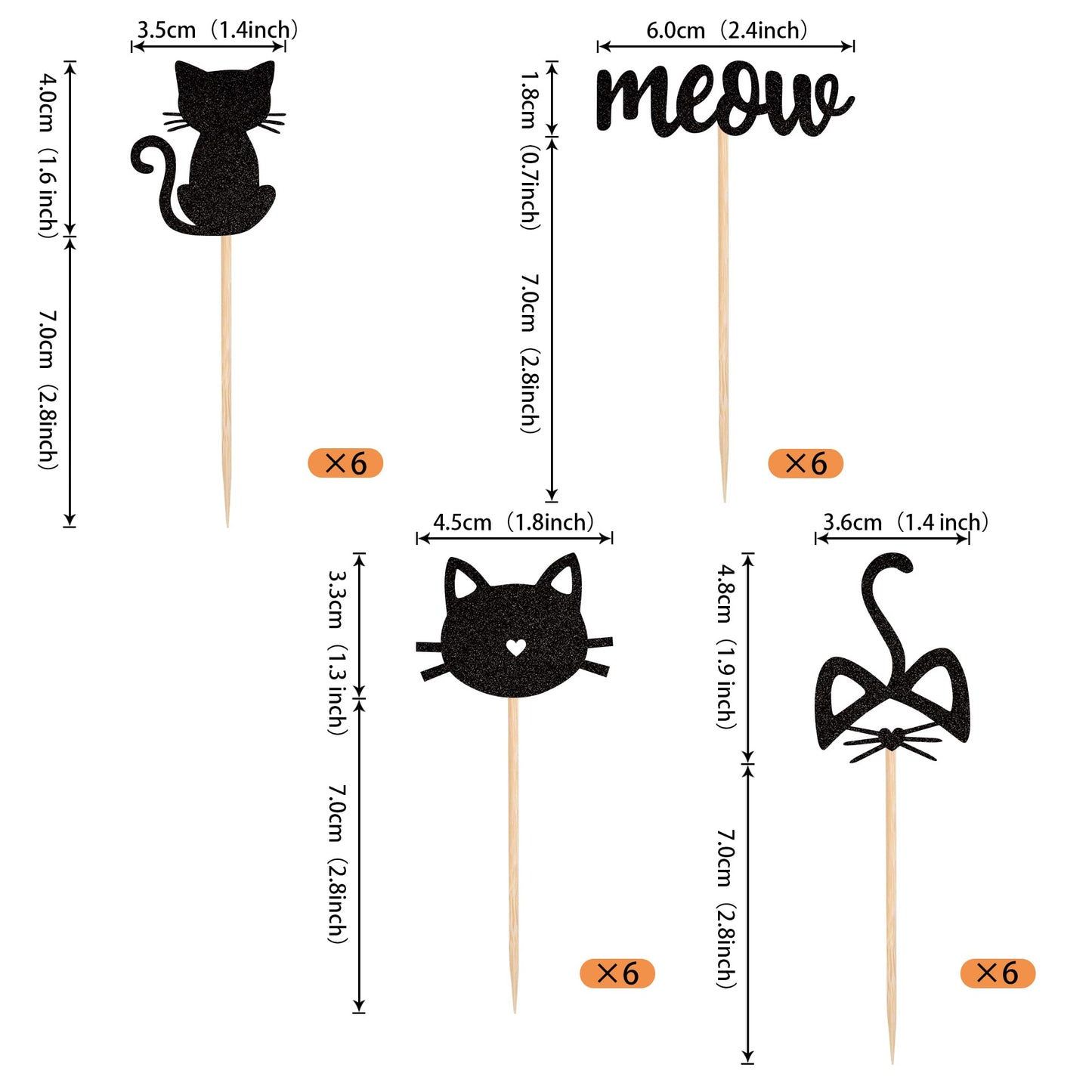 YCTHUNFISH Cat Cupcake Toppers - 24 Pack Black Glitter Kitten Theme, Small Size, Ideal for Baby Shower, Kids Birthday, Wedding Party