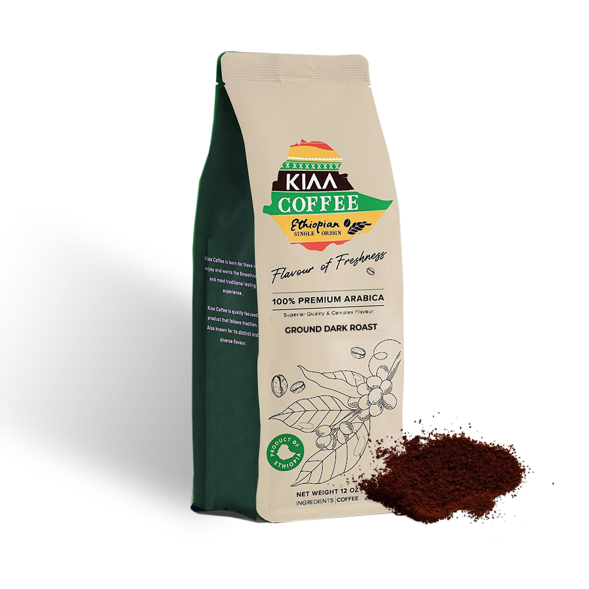 Kiaa Ethiopian Enhanced Ground Dark Roast - 12Oz, 100% Organic Arabica, Full-Bodied Bold Flavor, Rich & Smooth, Perfect For Espresso, French Press & Drip Brewing, Freshly Roasted