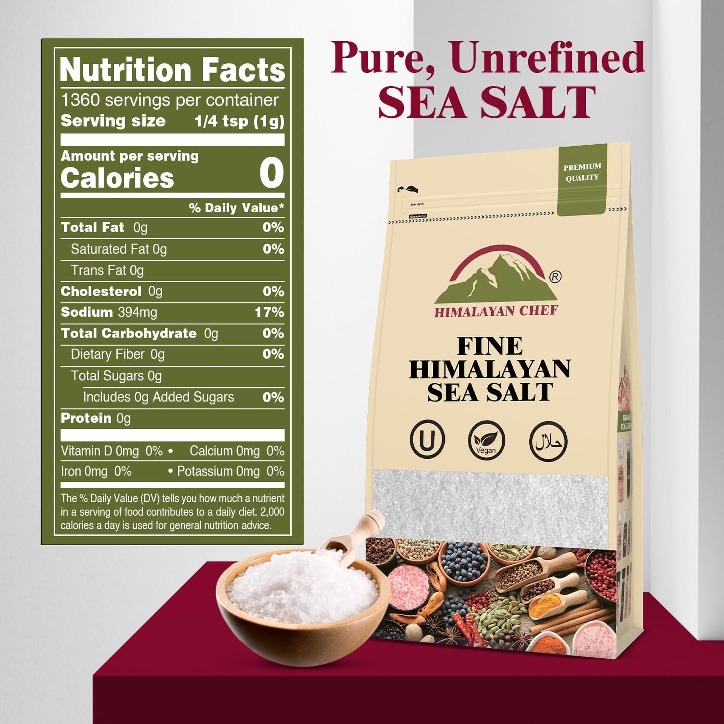 Himalayan Chef Sea Salt, All-Natural Fine Grain, Non-Iodized, 192 Ounce, Pack of 4