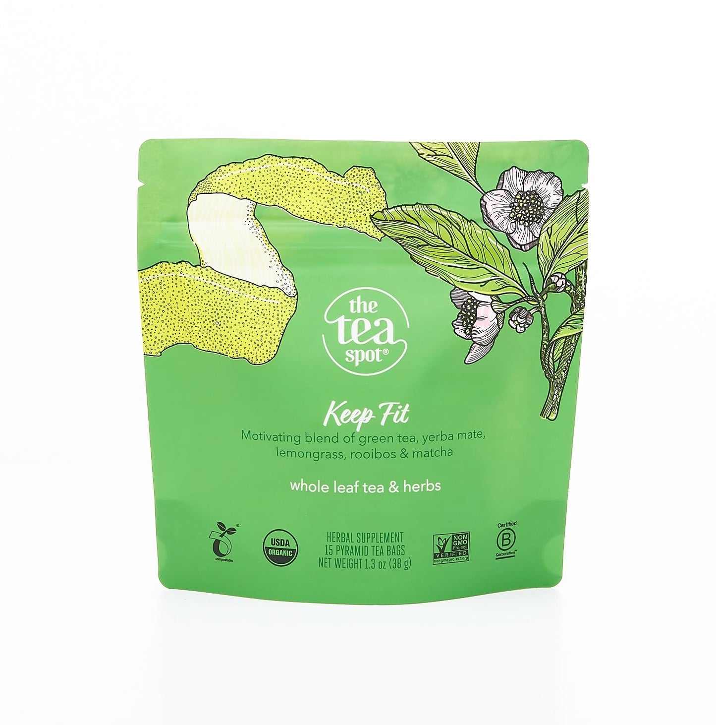 The Tea Spot Organic Green Tea with Yerba Mate and Matcha, Caffeine-Free, 15 Tea Bags, Pack of 1