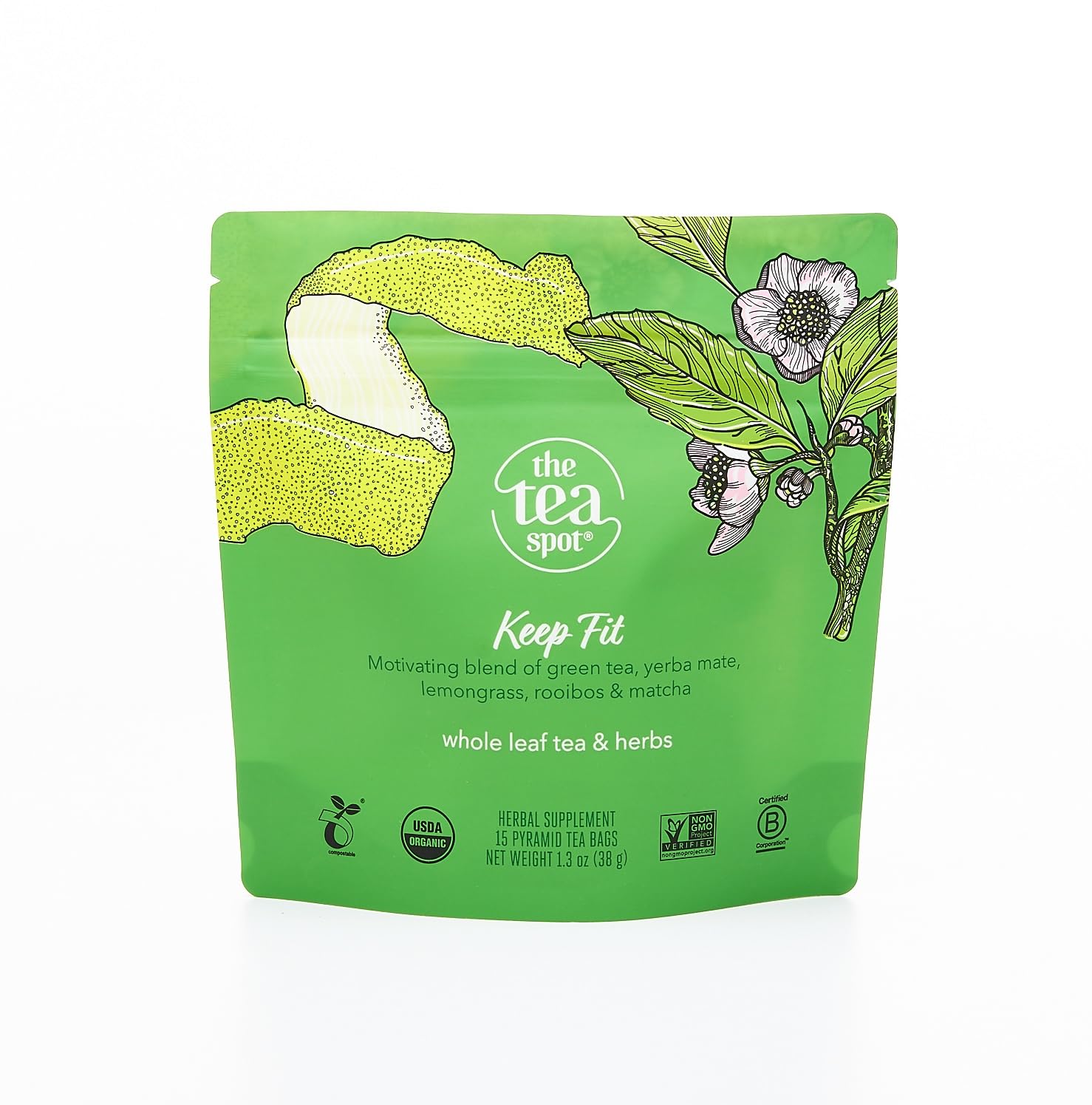 The Tea Spot Organic Green Tea with Yerba Mate and Matcha, Caffeine-Free, 15 Tea Bags, Pack of 1