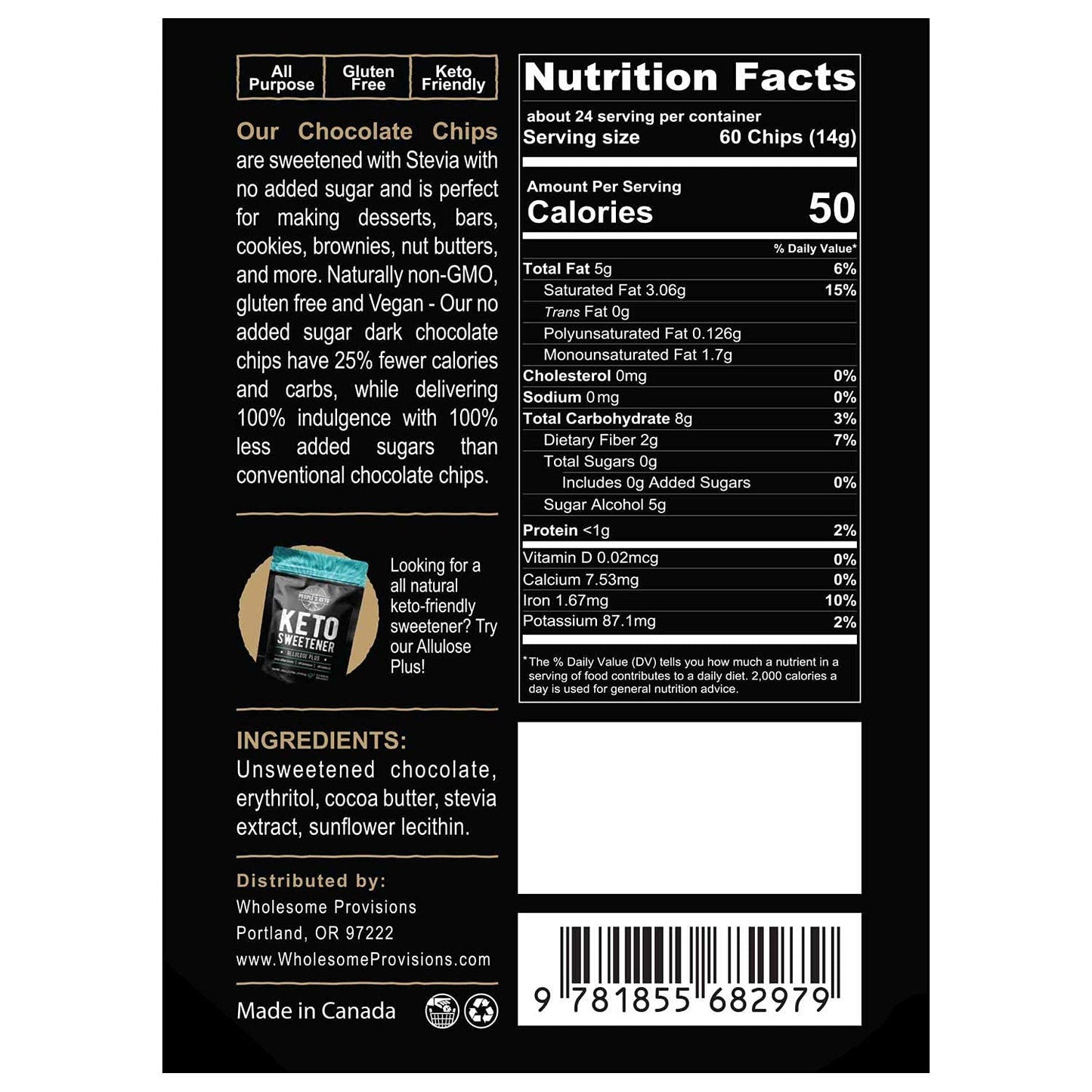 Sugar Free Large Chocolate Chips, Stevia Sweetened, 12 Oz. Value Size, Non-Gmo, Vegan, Keto, Low Carb, 60% Cocoa, All Natural, B