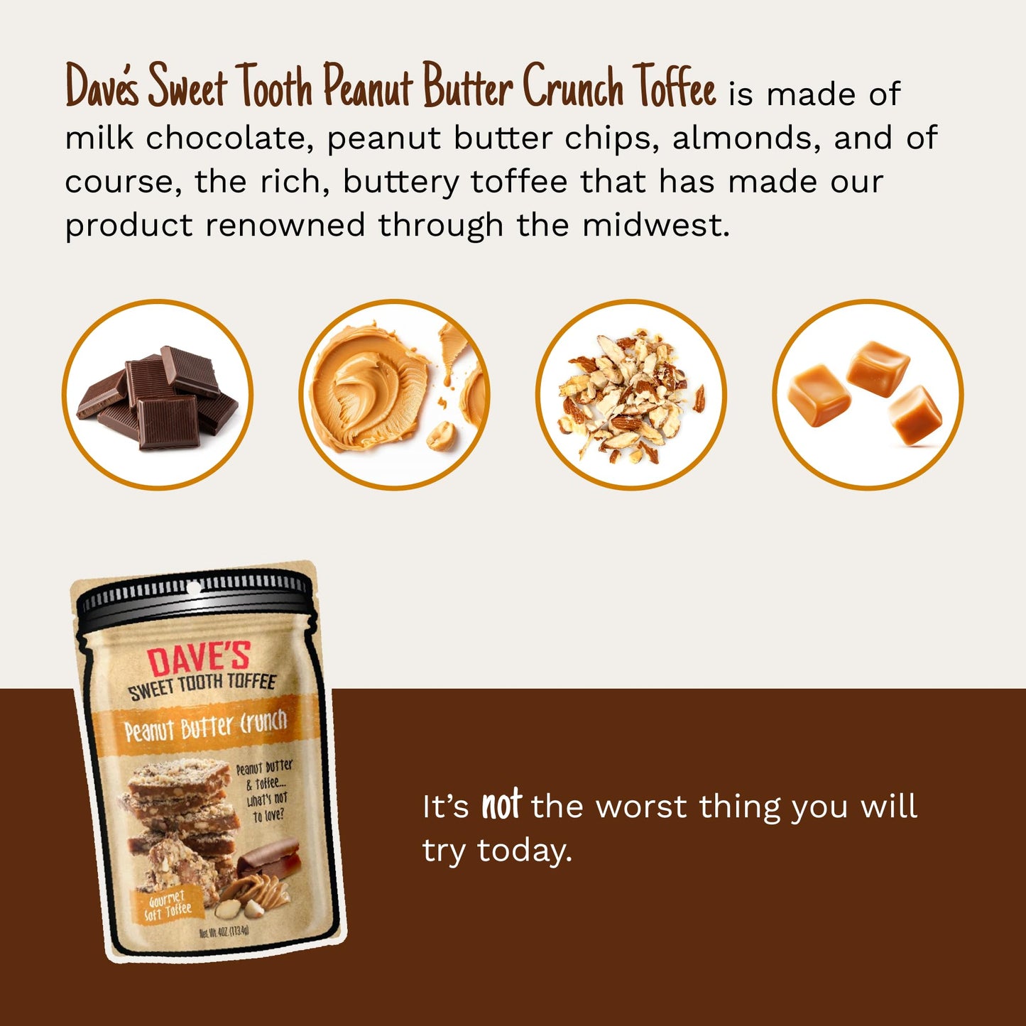 Daves Sweet Tooth Toffee - Peanut Butter Crunch Toffee (4 oz) - Handmade & Homemade Gourmet Soft Toffee with Real Butter, Real