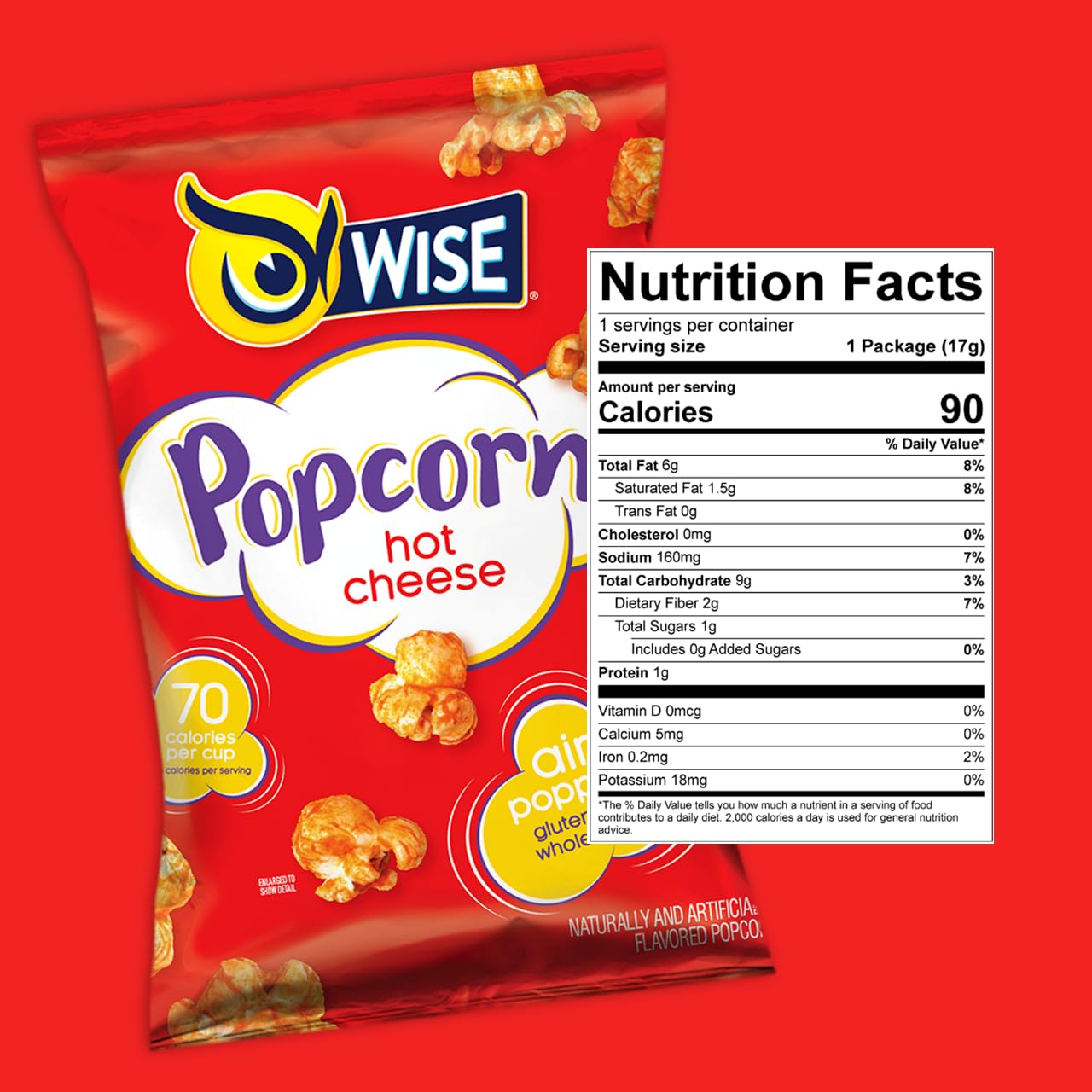 Wise Snacks Popcorn, Hot Cheese, 5 Ounce, Gluten Free, Whole Grain, Air Popped - No Preservatives, Perfect For On-The-Go Crunchy   (10 Count)