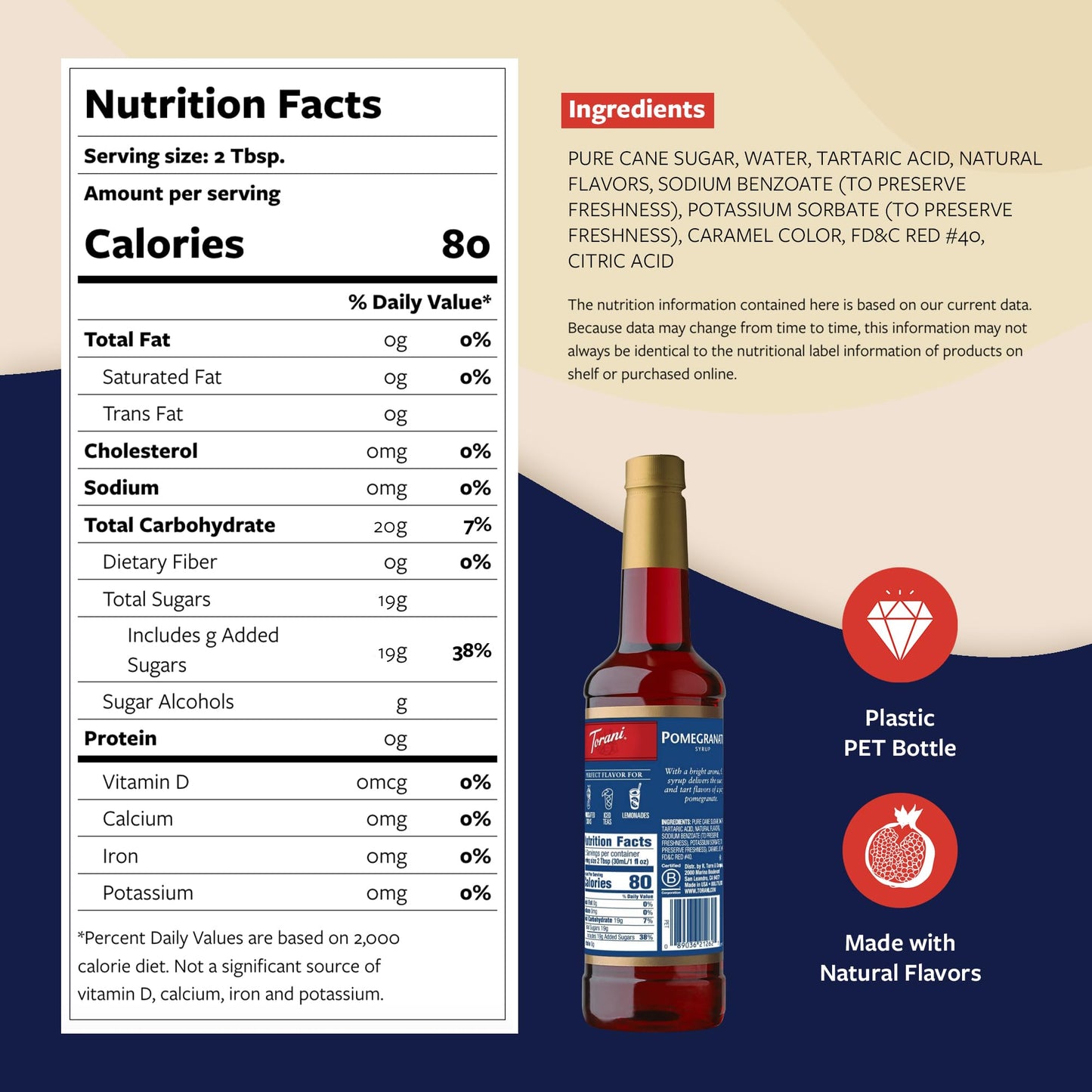 Torani Pomegranate Syrup For Drinks, Flavoring For Iced Tea, Lemonade, Sodas, And Cocktails, Pump Included, 25.4 Oz