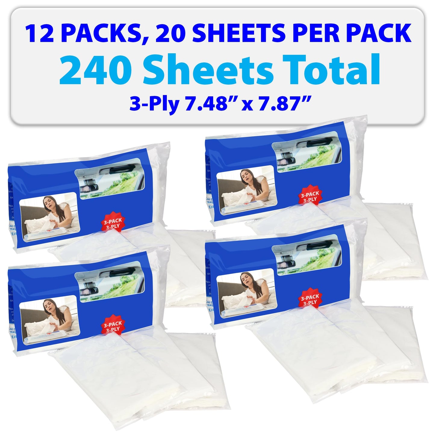 Facial Tissues Travel Size Packs With Full Size Tissues For Home, Purse, Or Car, 12 Packs, 240 Sheets, 3-Ply, Pure White, Chlori