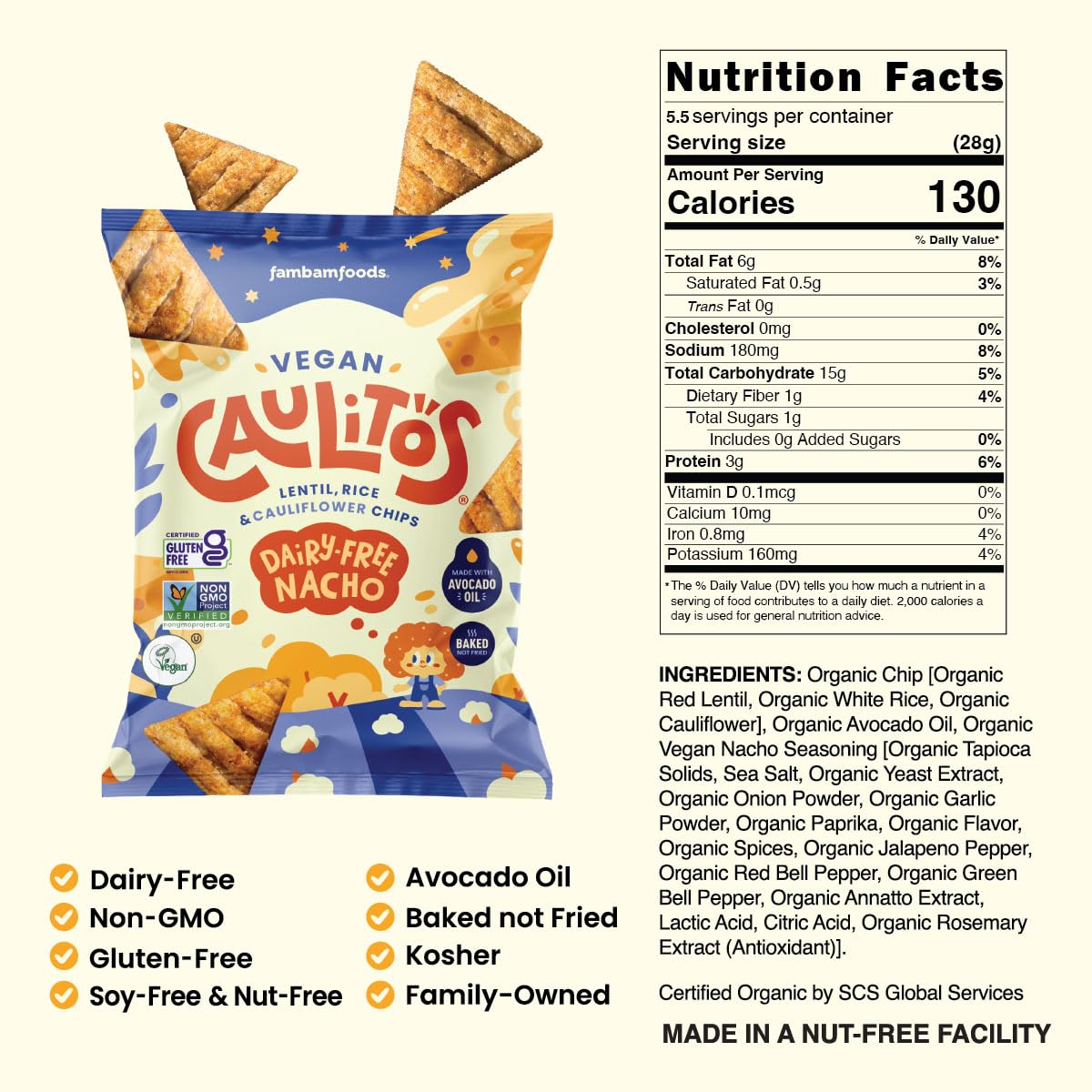Caulitos - 5 Pack | Lentil, Rice & Cauliflower Chips | Organic, Gluten-Free, Non-GMO, Kosher, Nut-Free, Baked with Avocado Oil (