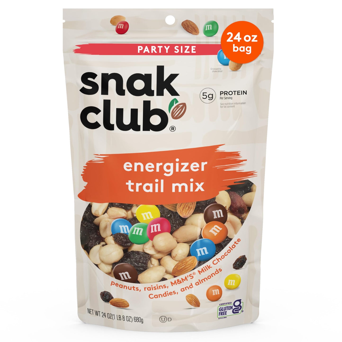 Snak Club Energizer Trail Mix with Roasted Salted Peanuts, Raisins, M&MS Chocolate Candies, Roasted Almonds, Gluten-Free and Kos
