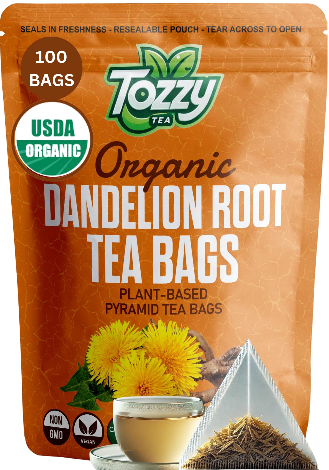 Tozzy Usda Organic Dandelion Root Tea - 100 Count (Pyramid Tea Bags) | Kidney Support | Pure Plant-Based Ingredients | Eco-Consc