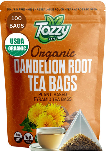 Tozzy Usda Organic Dandelion Root Tea - 100 Count (Pyramid Tea Bags) | Kidney Support | Pure Plant-Based Ingredients | Eco-Consc