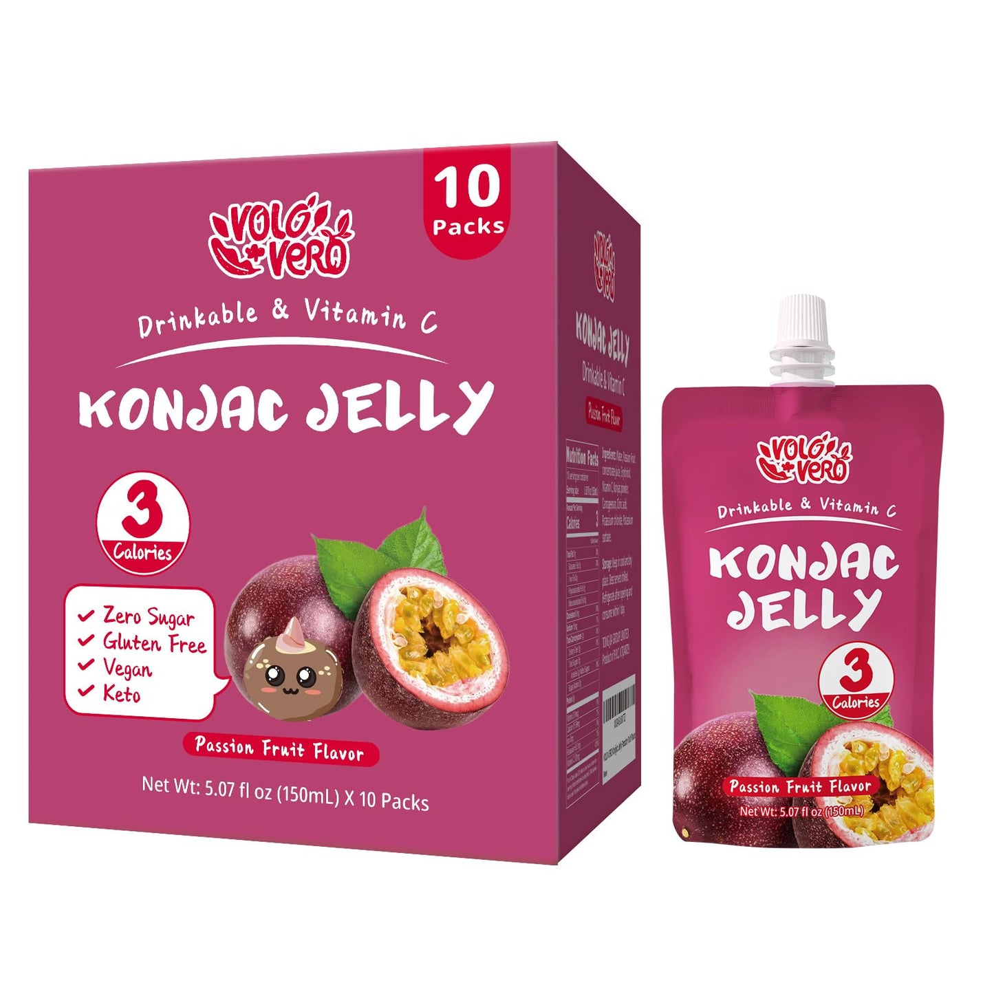 Volo Vero Konjac Jelly Squeeze Pouch Passion Fruit Flavor, Low Calories (3 Kcal), 10 Packs, Gluten Free & Vegan, 0 Sugar, Keto, Low Carb, Drinkable Vitamin C Healthy Snacks, Holiday Gifts