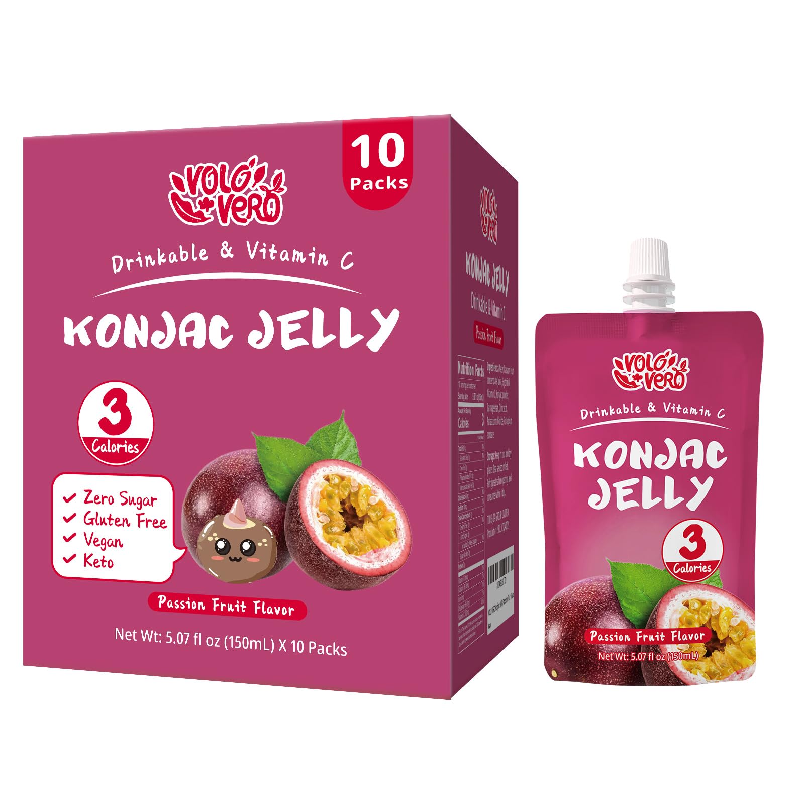 Volo Vero Konjac Jelly Squeeze Pouch Passion Fruit Flavor, Low Calories (3 Kcal), 10 Packs, Gluten Free & Vegan, 0 Sugar, Keto, Low Carb, Drinkable Vitamin C Healthy Snacks, Holiday Gifts
