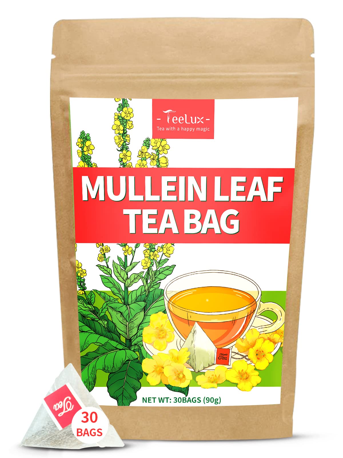 TeeLux Mullein Leaf Tea Bags, Caffeine Free, 30 Count, Biodegradable Corn Fiber Pyramid Bags