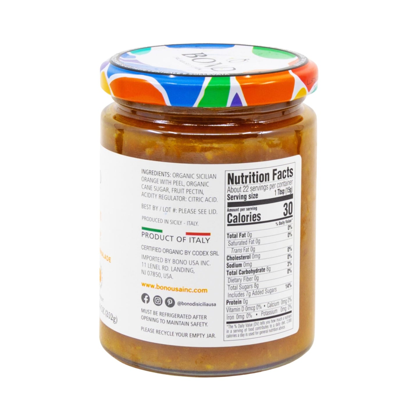 Bono Sicilian Organic Marmalade | Made With Fresh Fruit | Less Sodium | Gluten Free | Cultivated Exclusively In Sicily, 12.4 Oz