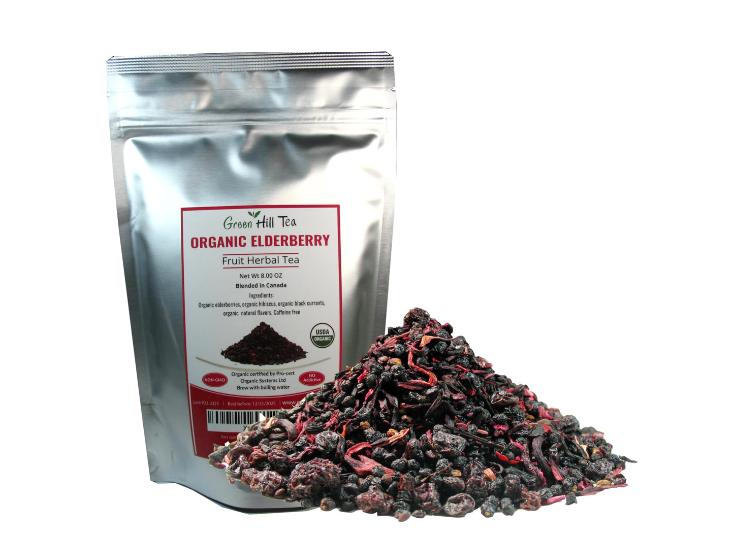 Green Hill Tea Elderberry Herbal Tea - Caffeine-Free Fruit Blend - 8 OZ Resealable Foil Bag