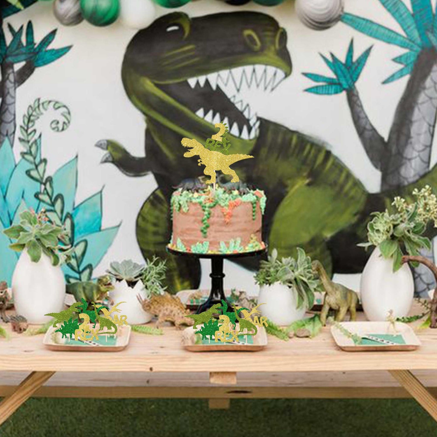 YCTHUNFISH Dinosaur Cupcake Toppers, 25 Pack, Glitter, Gold, Paper, Dino Theme for Birthday Party Decorations