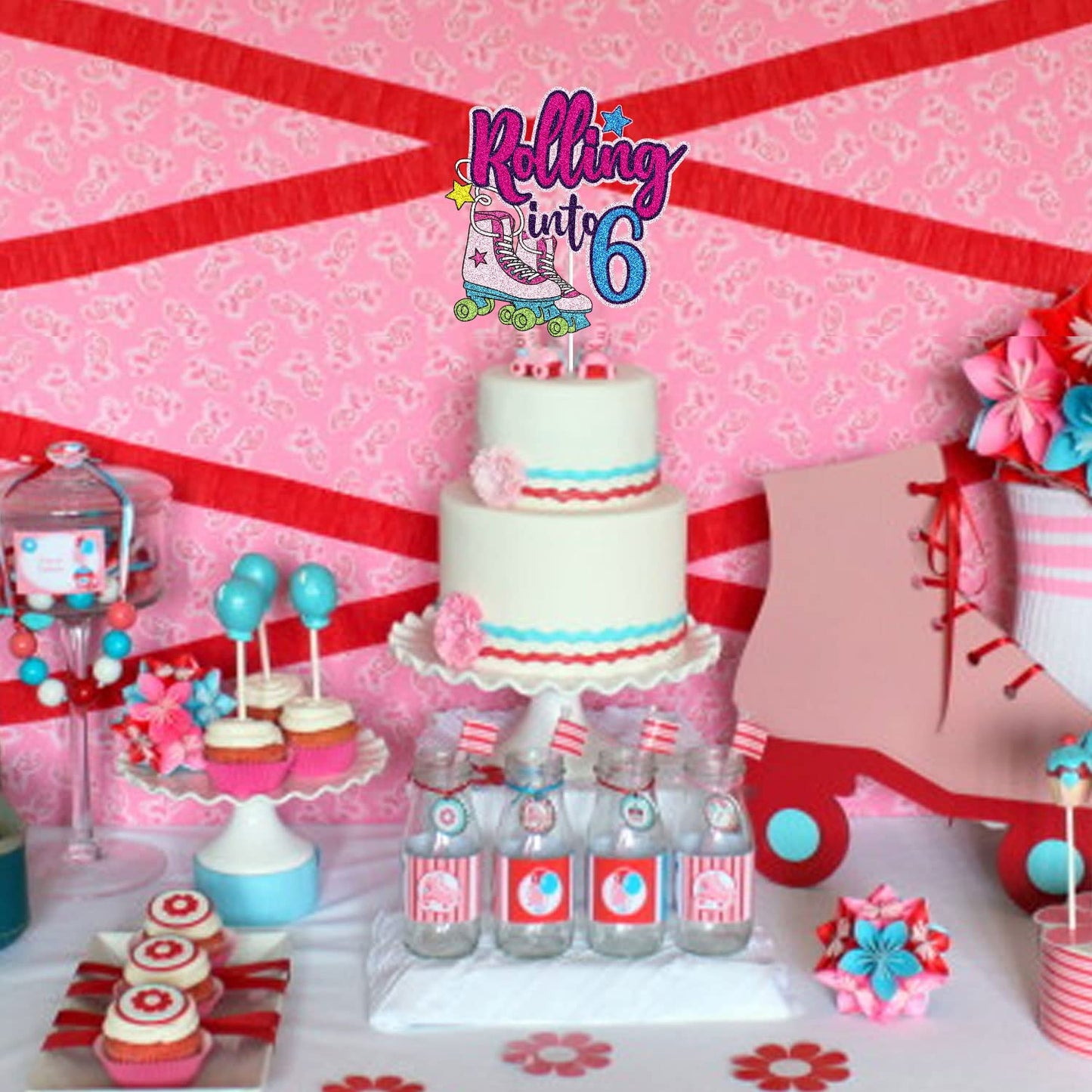 Rolling Into 6 Cake Topper Roller Skate Happy 6Th Birthday Cake Topper 6 Six Years Old Colorful Rolling Retro Girl Club Hip Hop