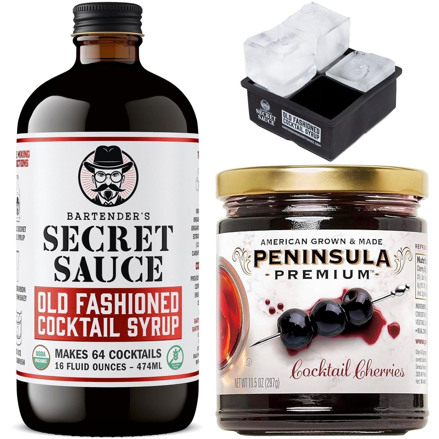 BARTENDERS SECRET SAUCE Old Fashioned Mix Bundle - Handcrafted Syrup 16oz, Gourmet Peninsula Cocktail Cherries 10.5oz, Ice Mold