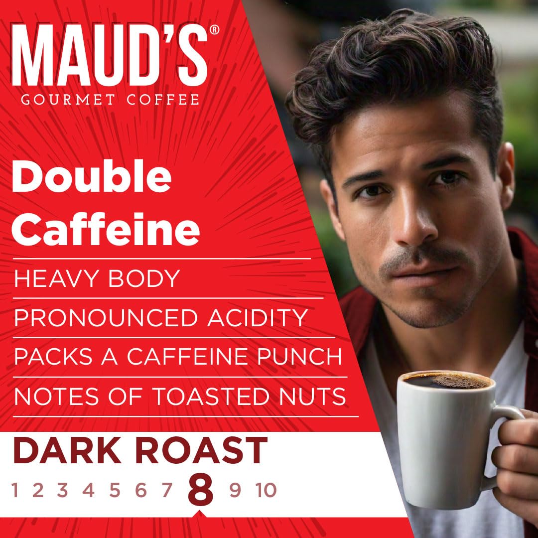 MAUDS Double Caffeine Coffee Pods, Dark Roast, 100% Arabica, 18 Count, Compatible with Keurig K Cups