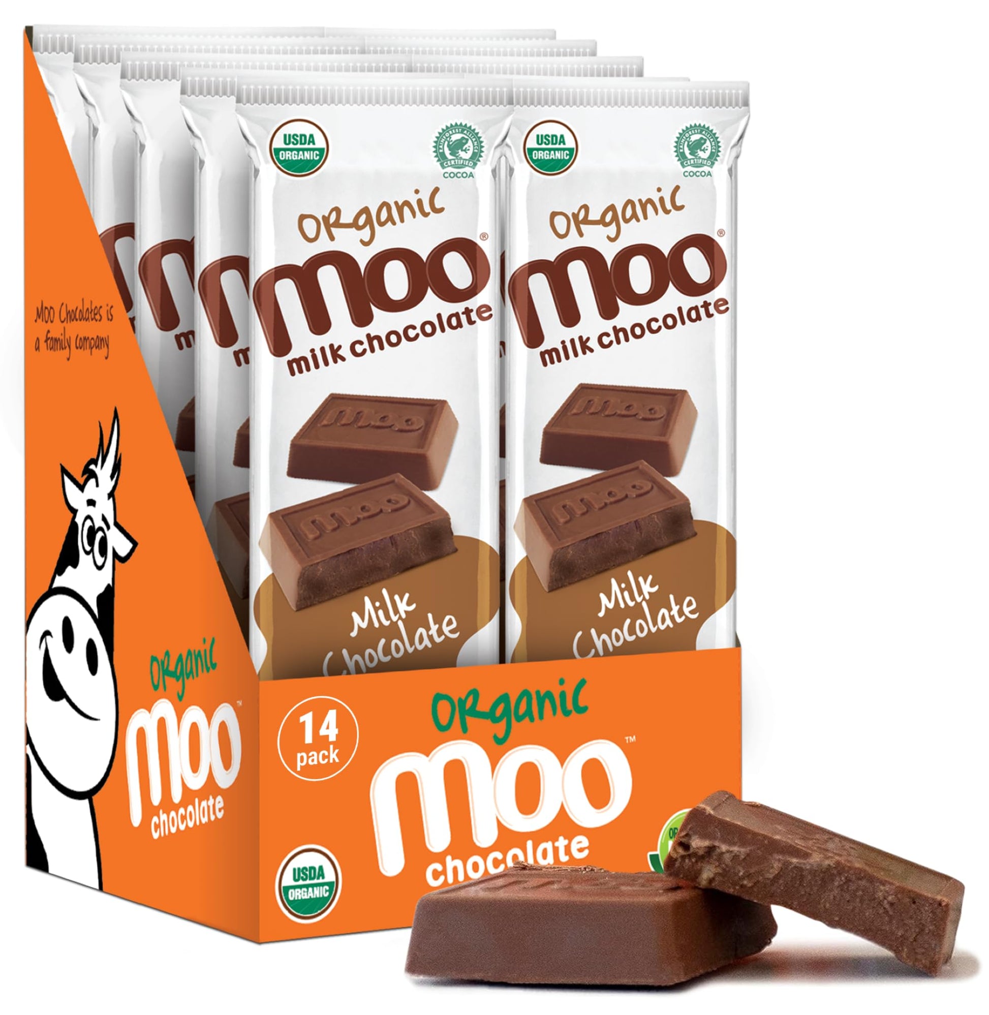 MOO CHOCOLATES Organic Solid Milk Chocolate Bars, 1.4 oz, 14 ct, USDA Organic, Non-GMO Snacks for On-the-Go and Lunchboxes