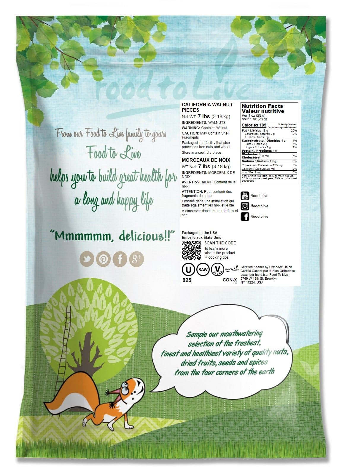 Food To Live California Walnut Pieces, 7 Pounds - Chopped Nuts, Shelled, Raw, Unsalted, Vegan, Bulk. Keto Snack. Good Source Of