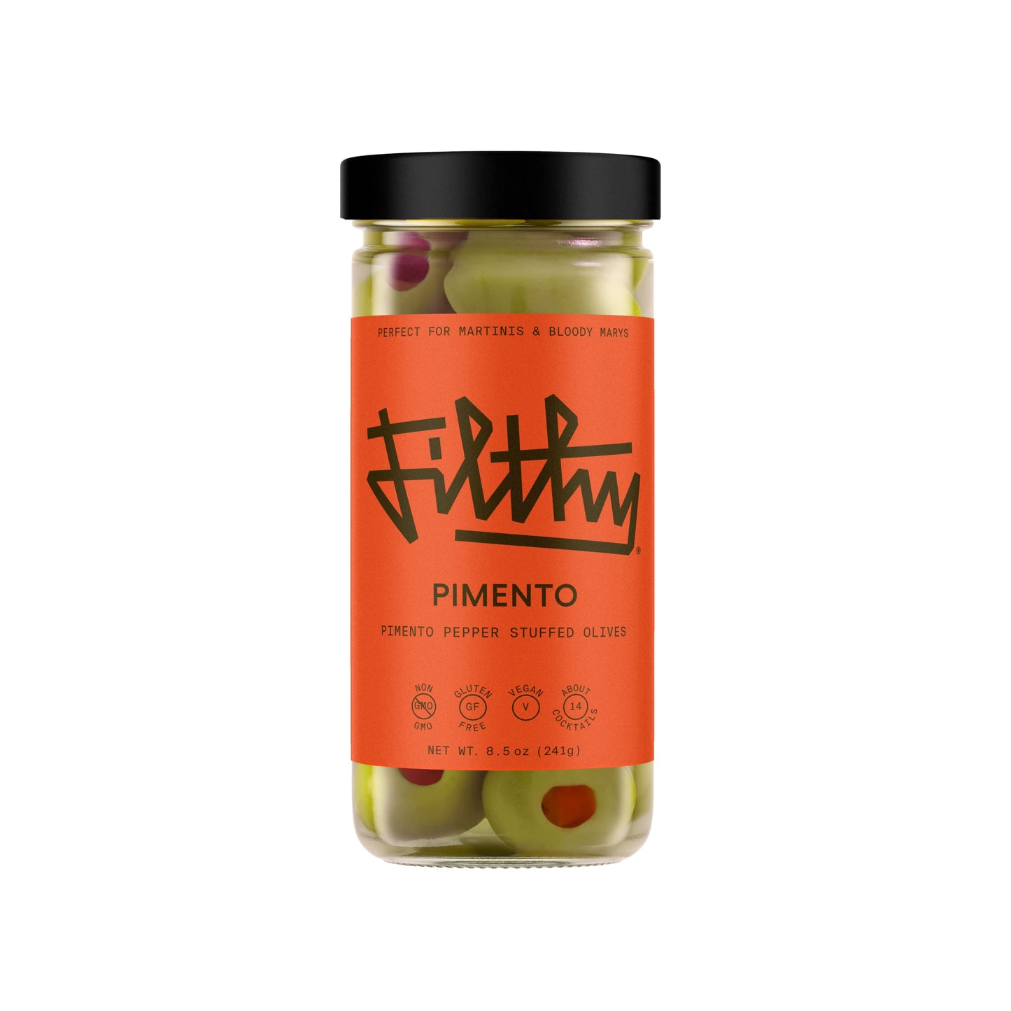 Filthy Food Premium Pimento Stuffed Olives, Non-GMO, Gluten Free, Vegan, 8.5 Oz Jar, 14 Olives