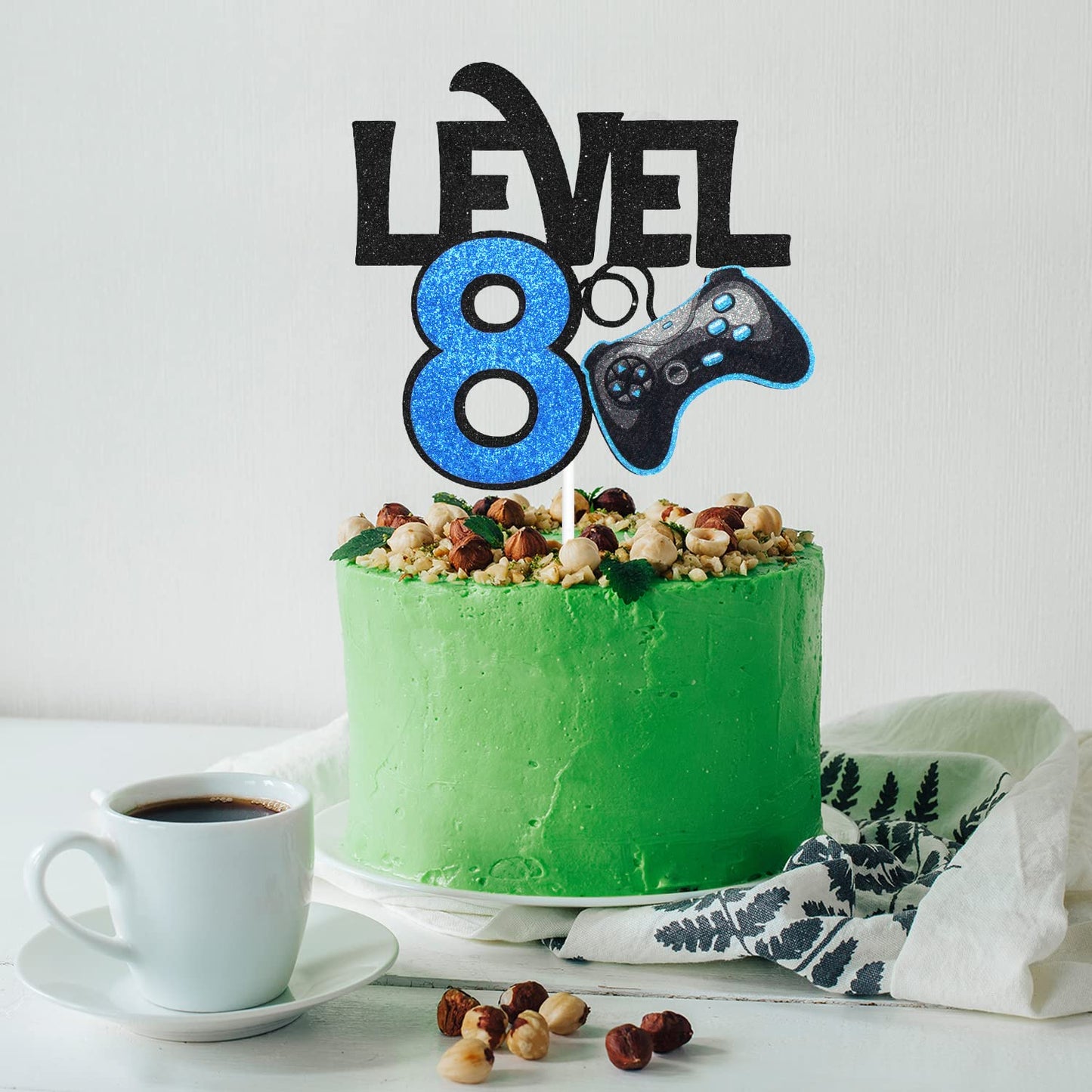 Caiwowo Level 8 Game Birthday Cake Topper - Blue Paper Decoration for Boys 8th Birthday Party