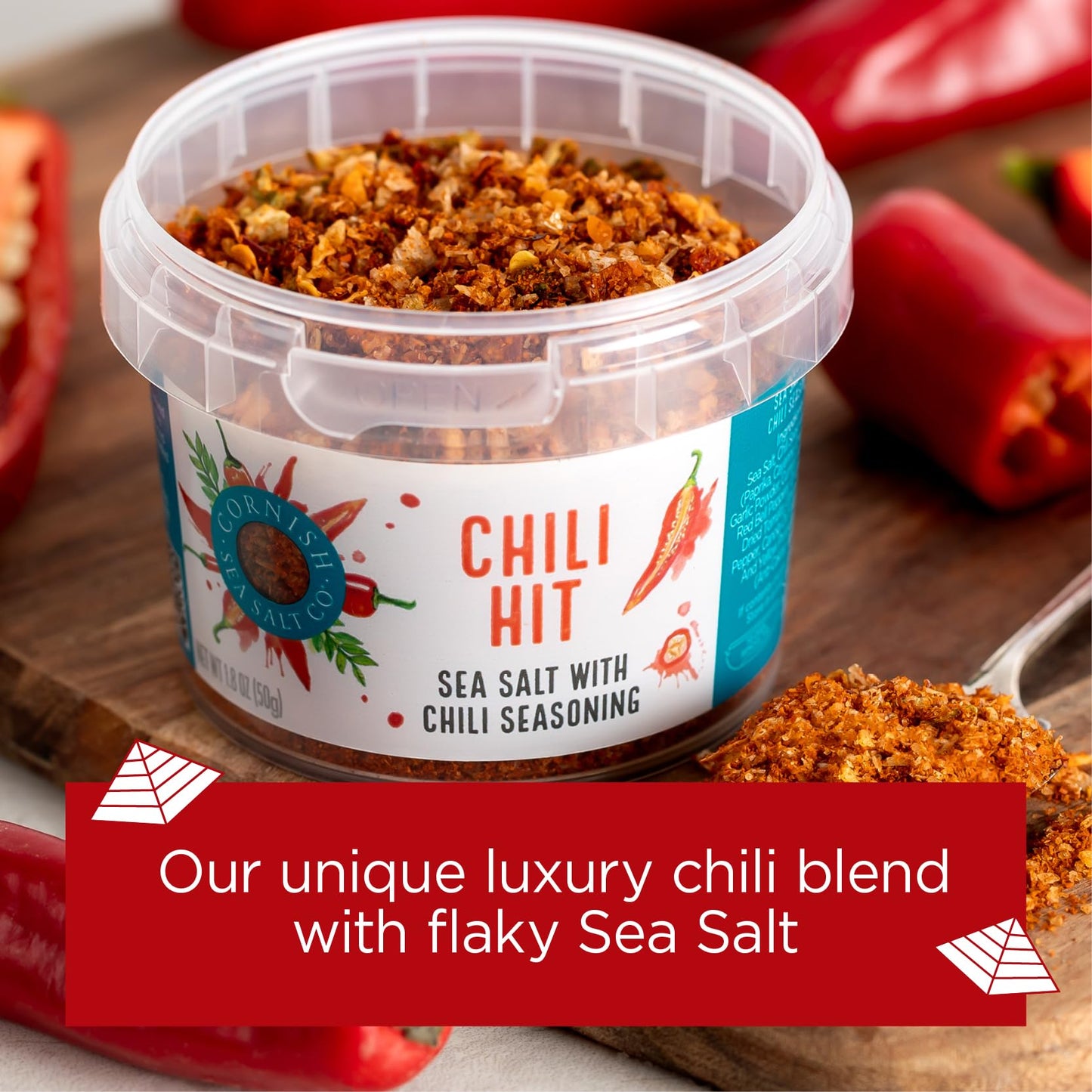 Cornish Sea Salt Chili Hit Seasoning| Sea Salt Flakes W. Chili Seasoning | Hand-Harvested In Cornwall, England | 1.8 Oz Resealab