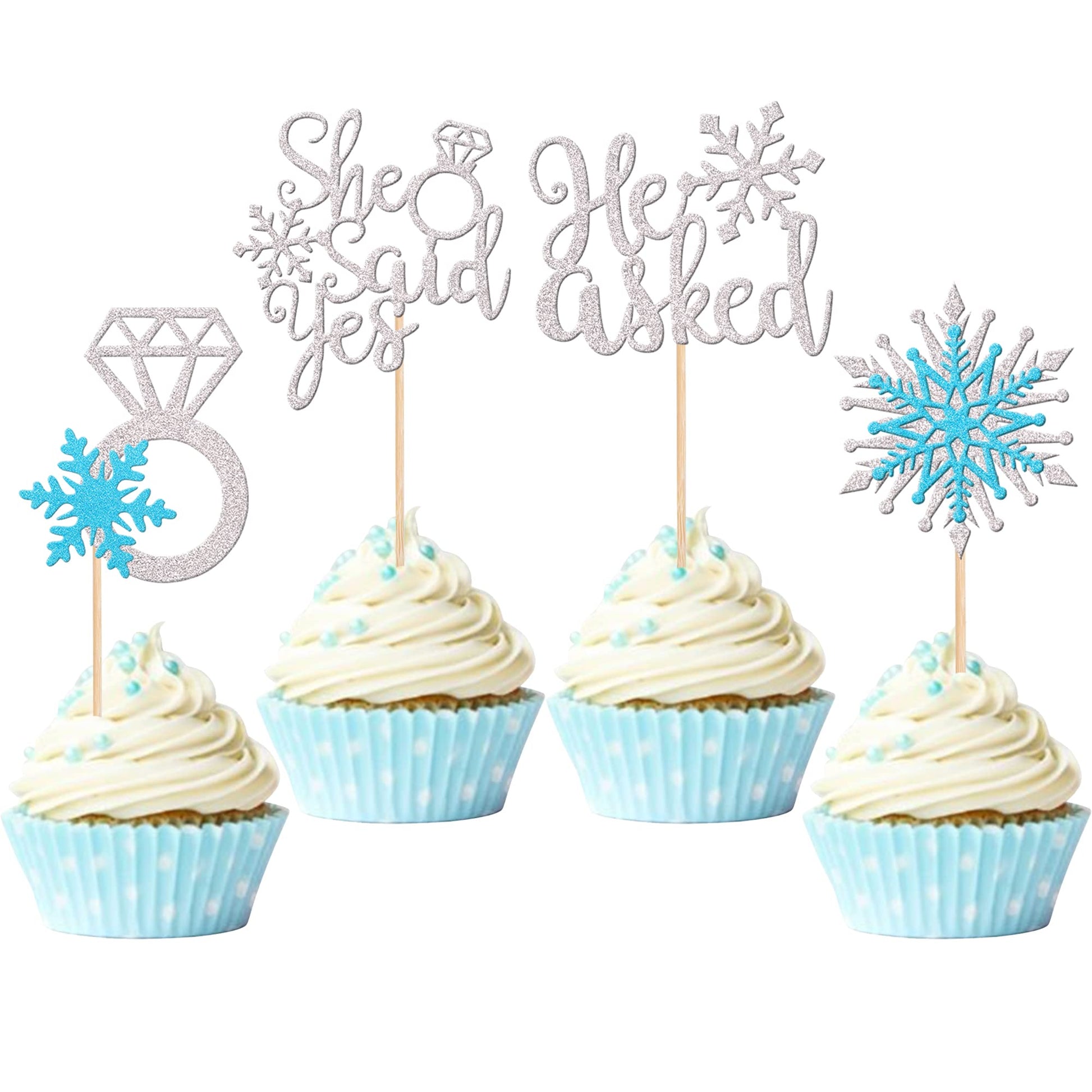 24 PCS He Asked She Said Yes Cupcake Toppers Glitter Diamond Ring Snowflake Cupcake Picks Bridal Shower Cake Decorations for Win