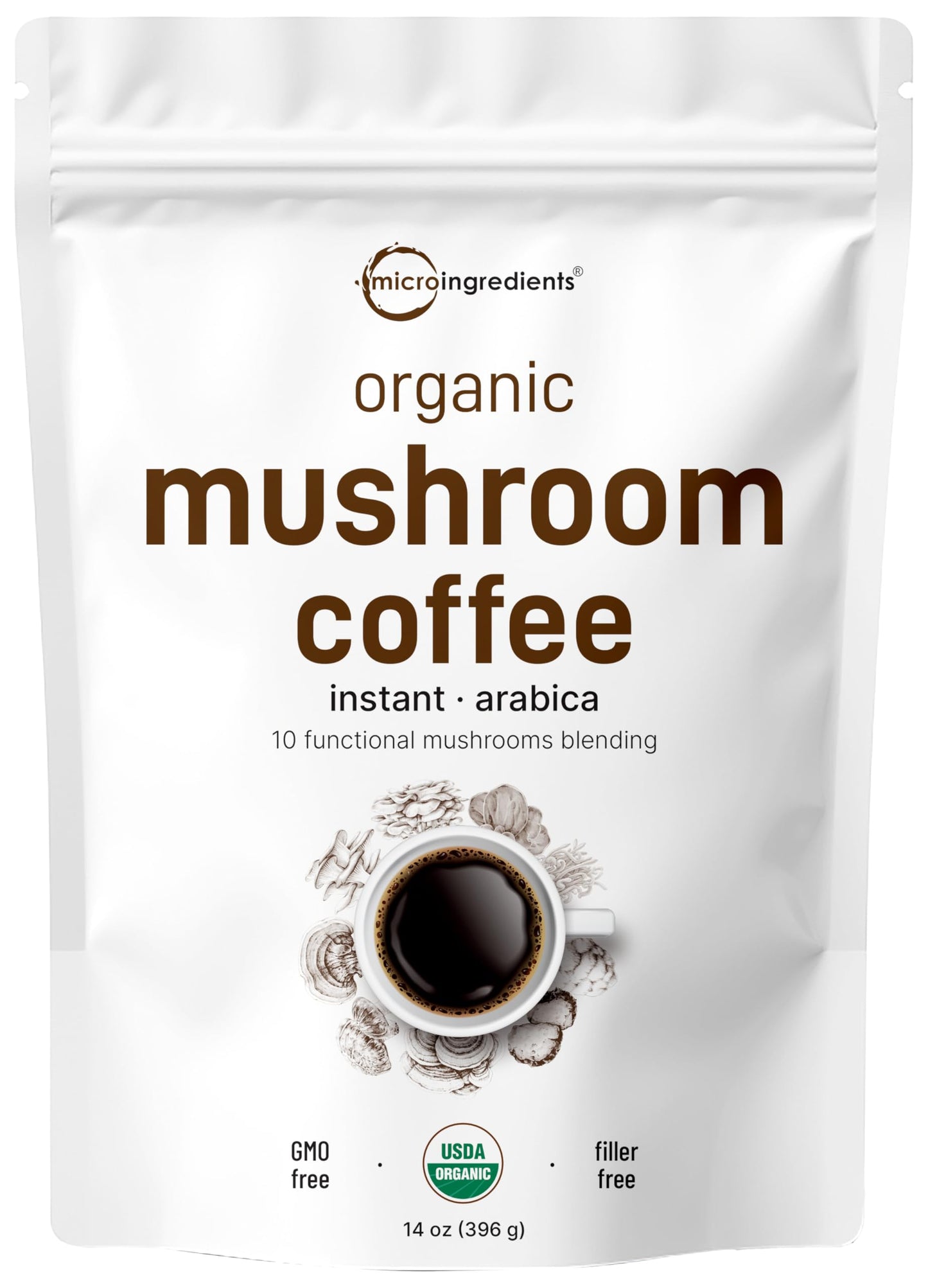 Micro Ingredients Organic Instant Mushroom Coffee Powder, 14 Ounce (158 Servings) - Premium Arabica with Lion’s Mane, Chaga, Reishi