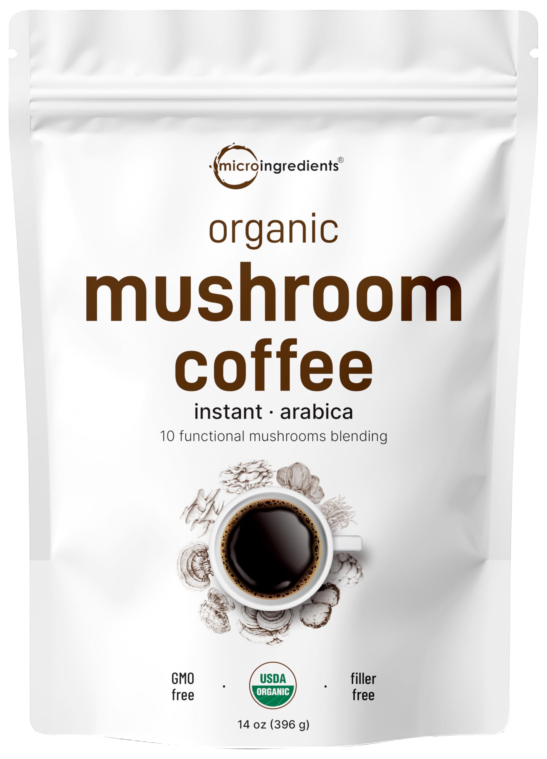 Micro Ingredients Organic Instant Mushroom Coffee Powder, 14 Ounce (158 Servings) - Premium Arabica with Lion’s Mane, Chaga, Reishi