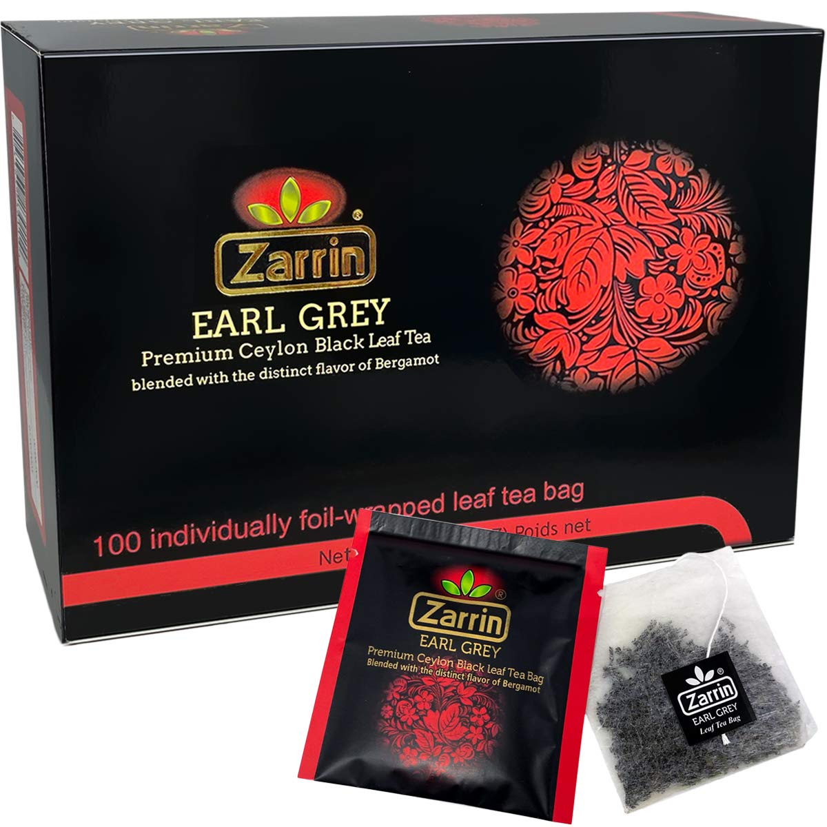 Zarrin Premium Ceylon Earl Grey Black Leaf Tea, 100 Individually Foil-wrapped Tea Bags, 100 Count