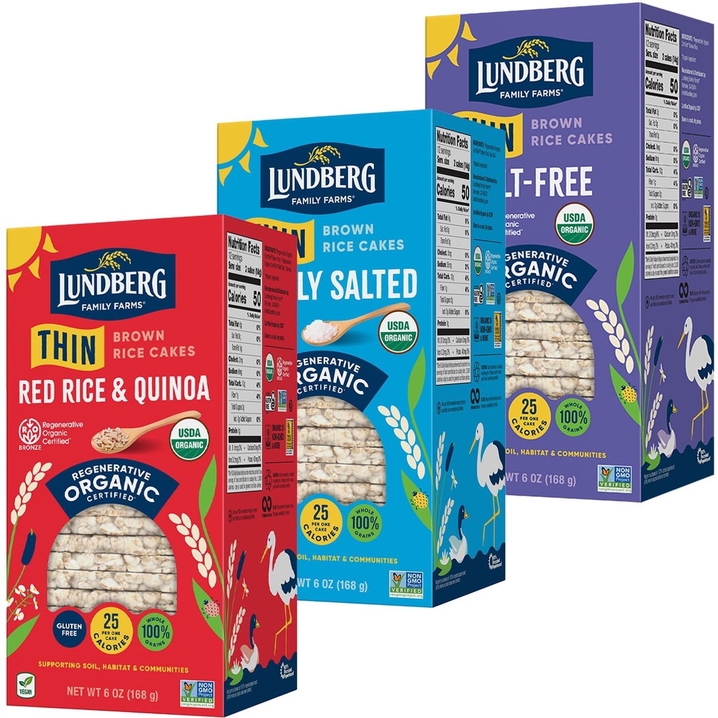 Lundberg Thin Brown Rice Cakes Variety 3-Pack - Regenerative Organic Certified Lightly Salted  Salt-Free  and Red Rice & Quinoa (Salt-Free)  Healthy Snacks  6 Oz Ea
