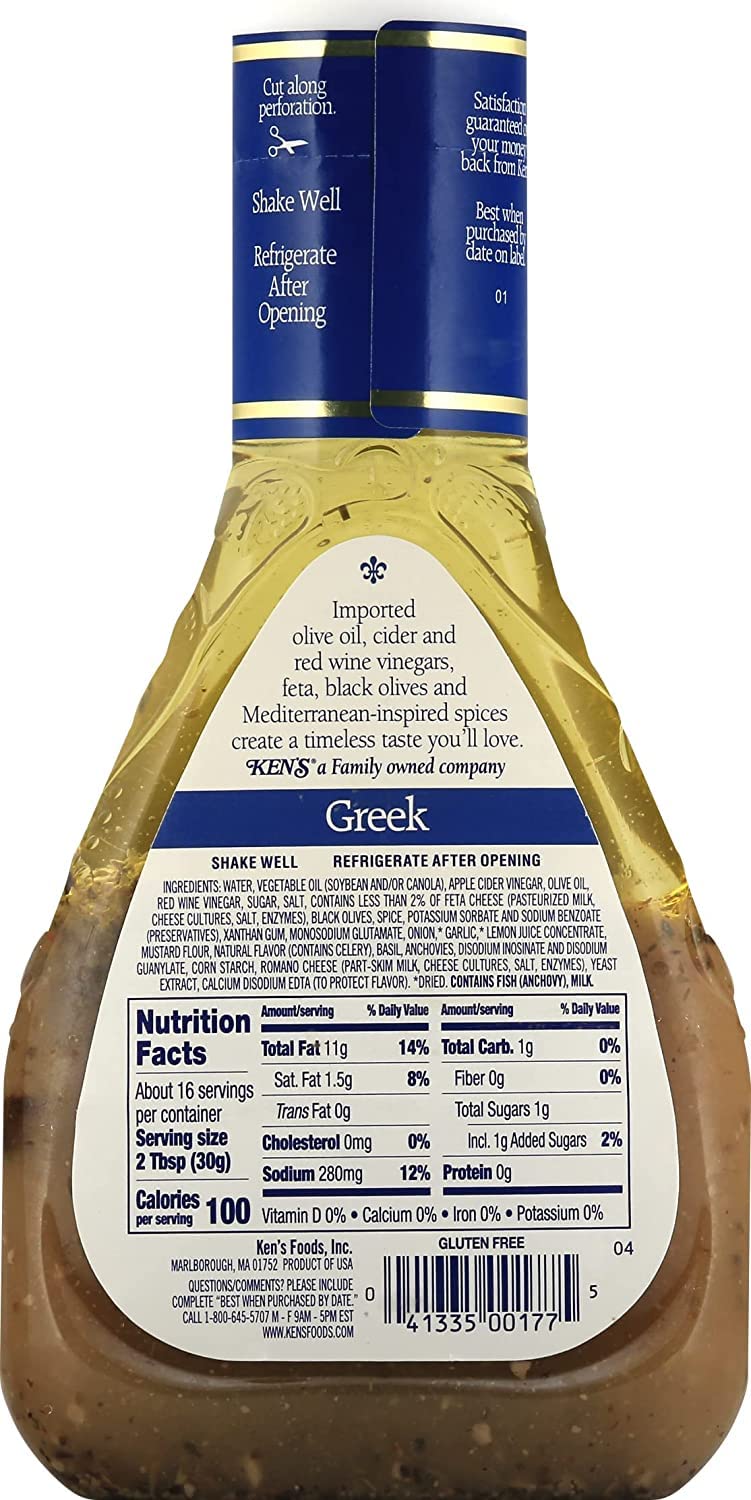 Kens Steakhouse Greek Dressing with Feta Cheese & Black Olives, Gluten Free, 16 Fl Oz (Pack of 4)