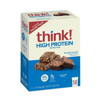 think! Protein Bars, High Protein Snacks, Gluten Free, Kosher Friendly, Brownie Crunch, Nutrition Bars, 2.1 Oz per Bar, 12 Count