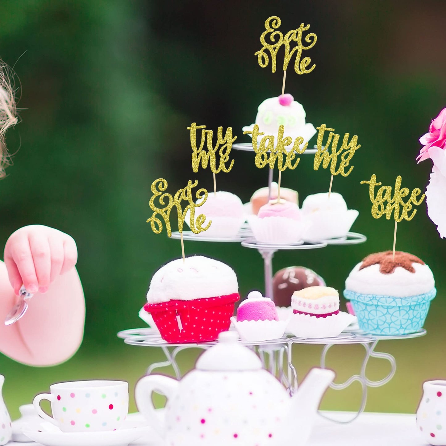 Gyufise 24 Pack Eat Me Cupcake Toppers Try Me Take One Gold Glitter Alice in Wonderland Cupcake Picks Decorations for Baby Showe