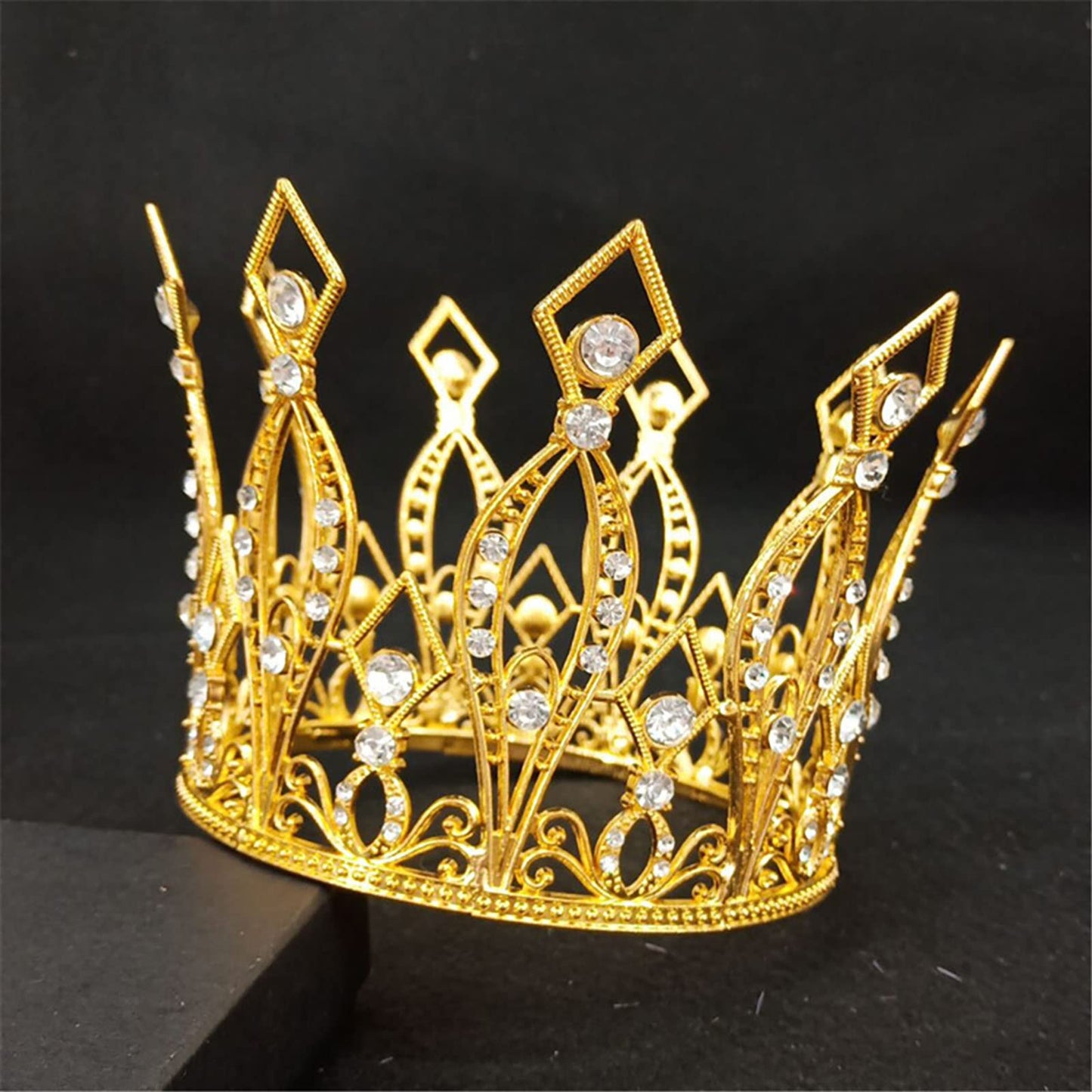Crown Cake Topper Rhinestone Crystal Handmade Tiara Cake Decoration For Baby Shower Birthday Wedding Party Favors (Gold)