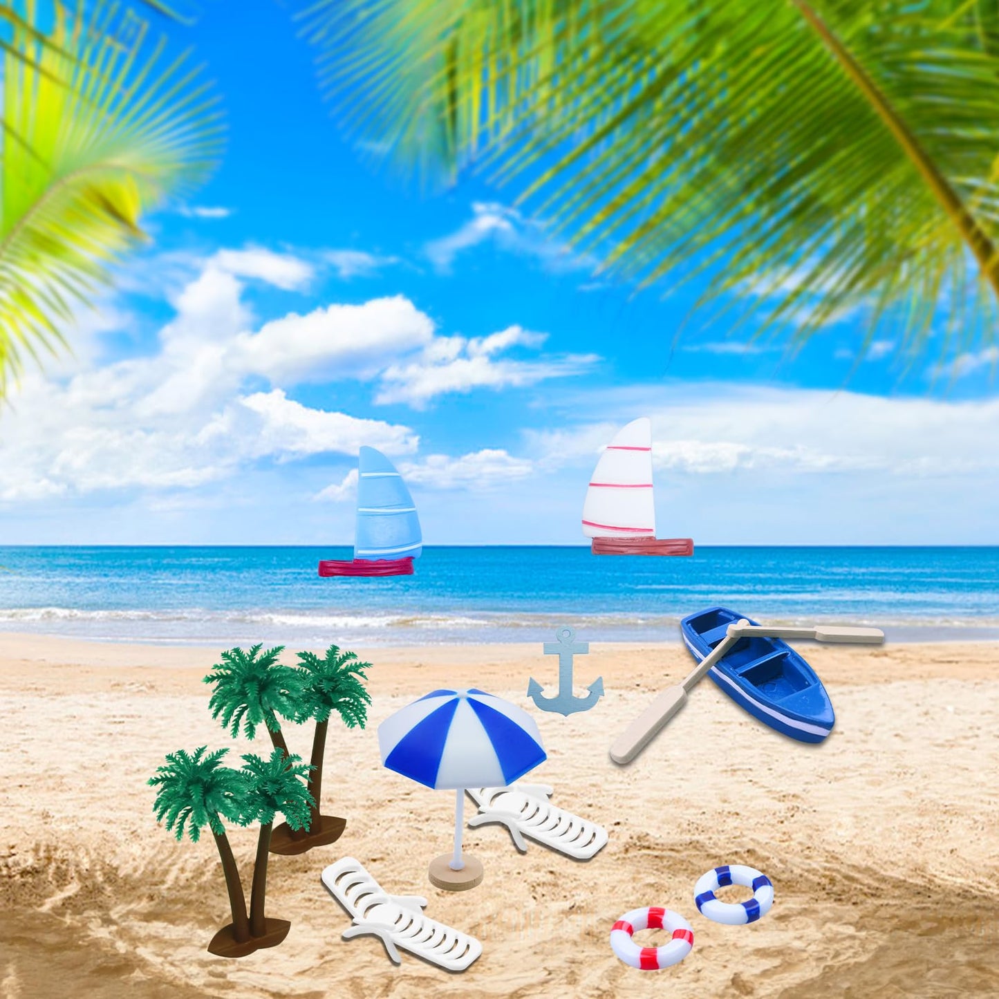 Lebery Beach Cake Topper 13Pcs Hawaiian Cake Toppers Decoration Summer Ocean Cake Topper Beach Chair Umbrella Boat Palm Tree Cak