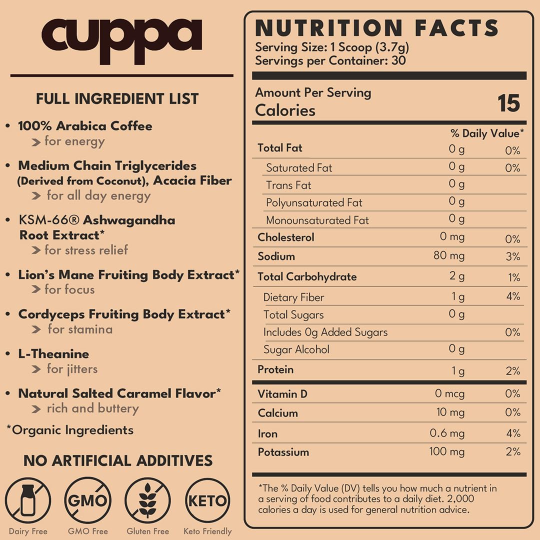 Cuppa Healthy Coffee Instant Mushroom Coffee - Salted Caramel, 3.92 oz - Energy & Focus Boost with Lion's Mane & Ashwagandha