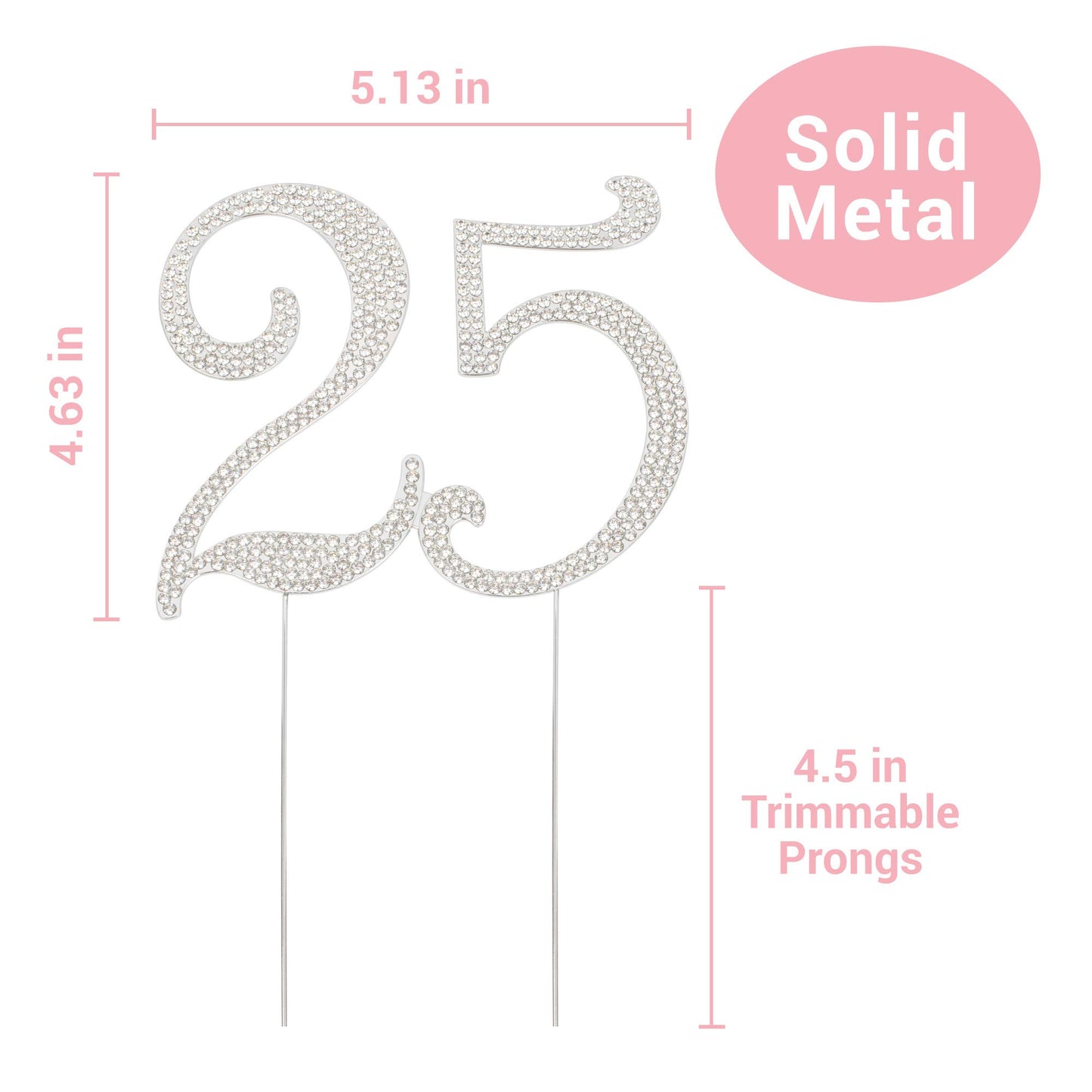 Crystal Creations 25 Cake Topper - Premium Silver Metal Decoration, Rhinestone Centerpiece, 1 Count, 25th Birthday/Anniversary